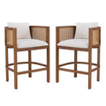 Christopher Knight Home Thomas Mid-Century Modern Rubberwood Upholstered Counter Stools with Rattan Design, Beige/Walnut, Set of 2