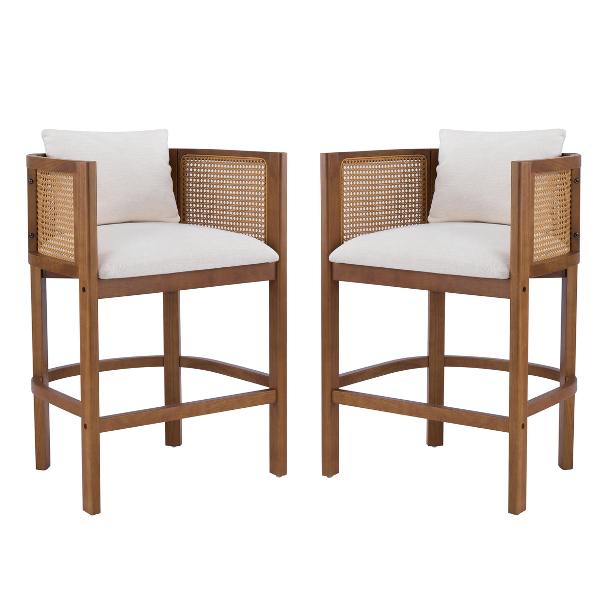 Christopher Knight Home Thomas Mid-Century Modern Rubberwood Upholstered Counter Stools with Rattan Design, Beige/Walnut, Set of 2