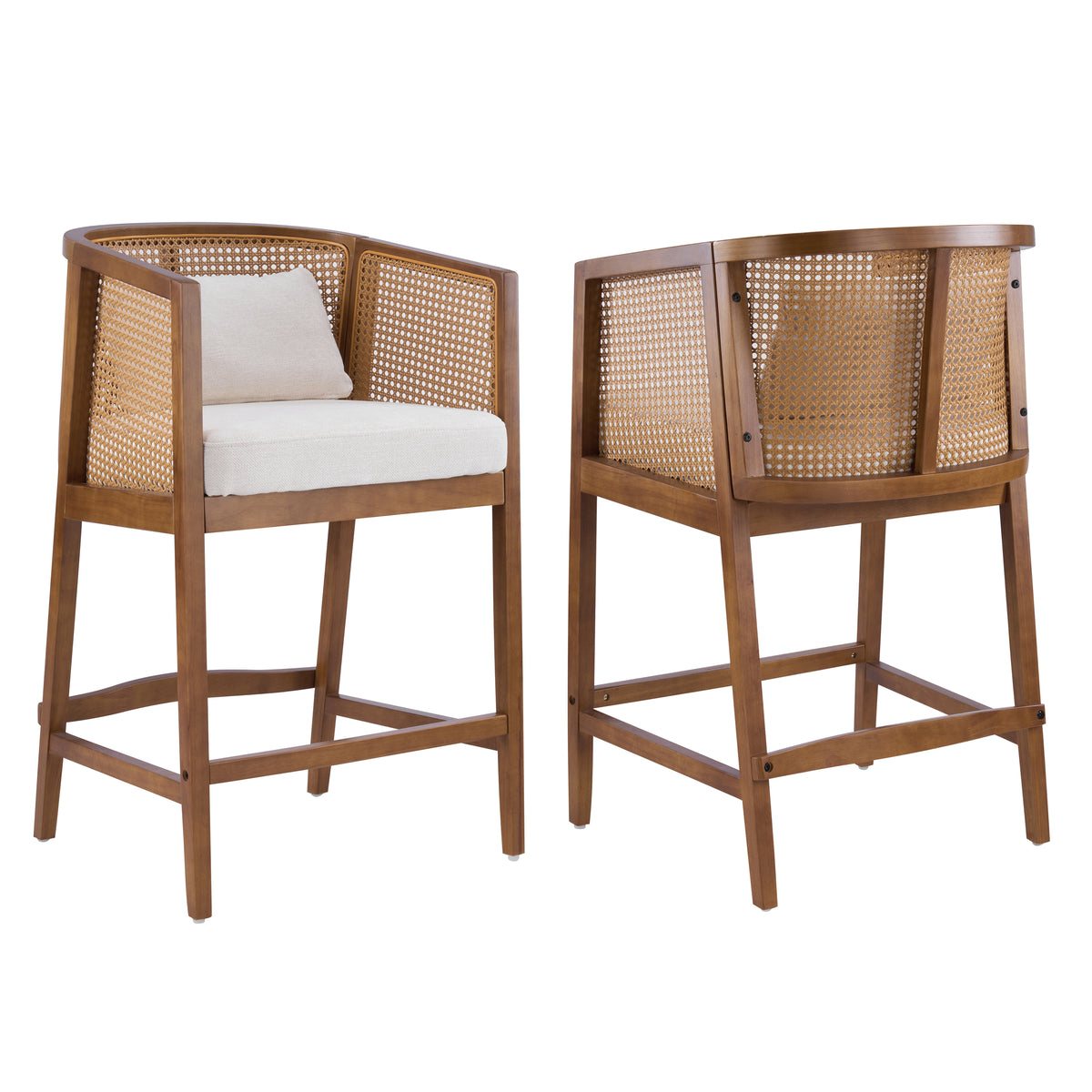 Christopher Knight Home Victor Bohemian Rubberwood Counter Stools with Cushions and Rattan Design, Beige/Walnut, Set of 2