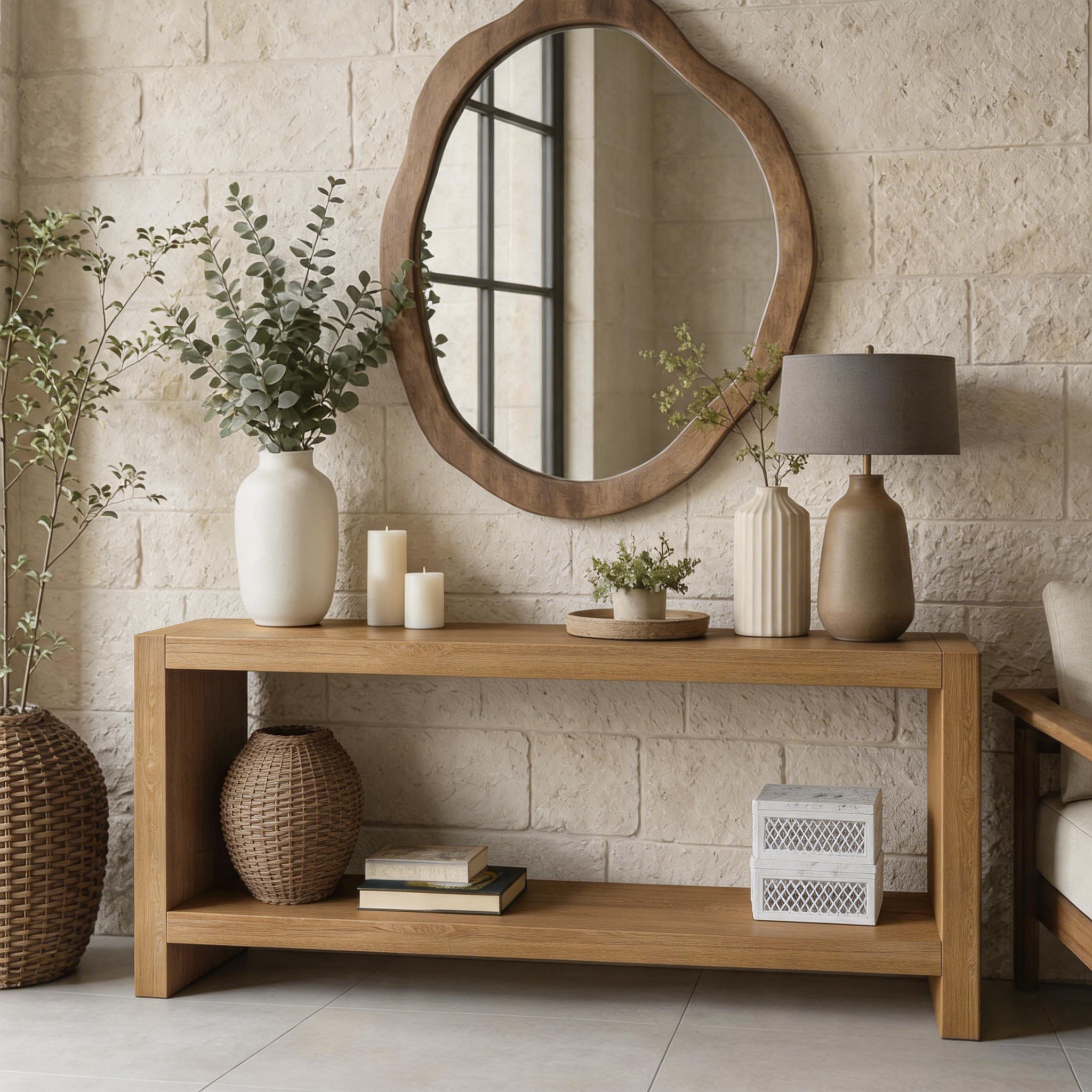 GDFStudio Louetta 63-Inch Farmhouse Wood Console Table with 2-Tier Storage Shelf, Light Brown