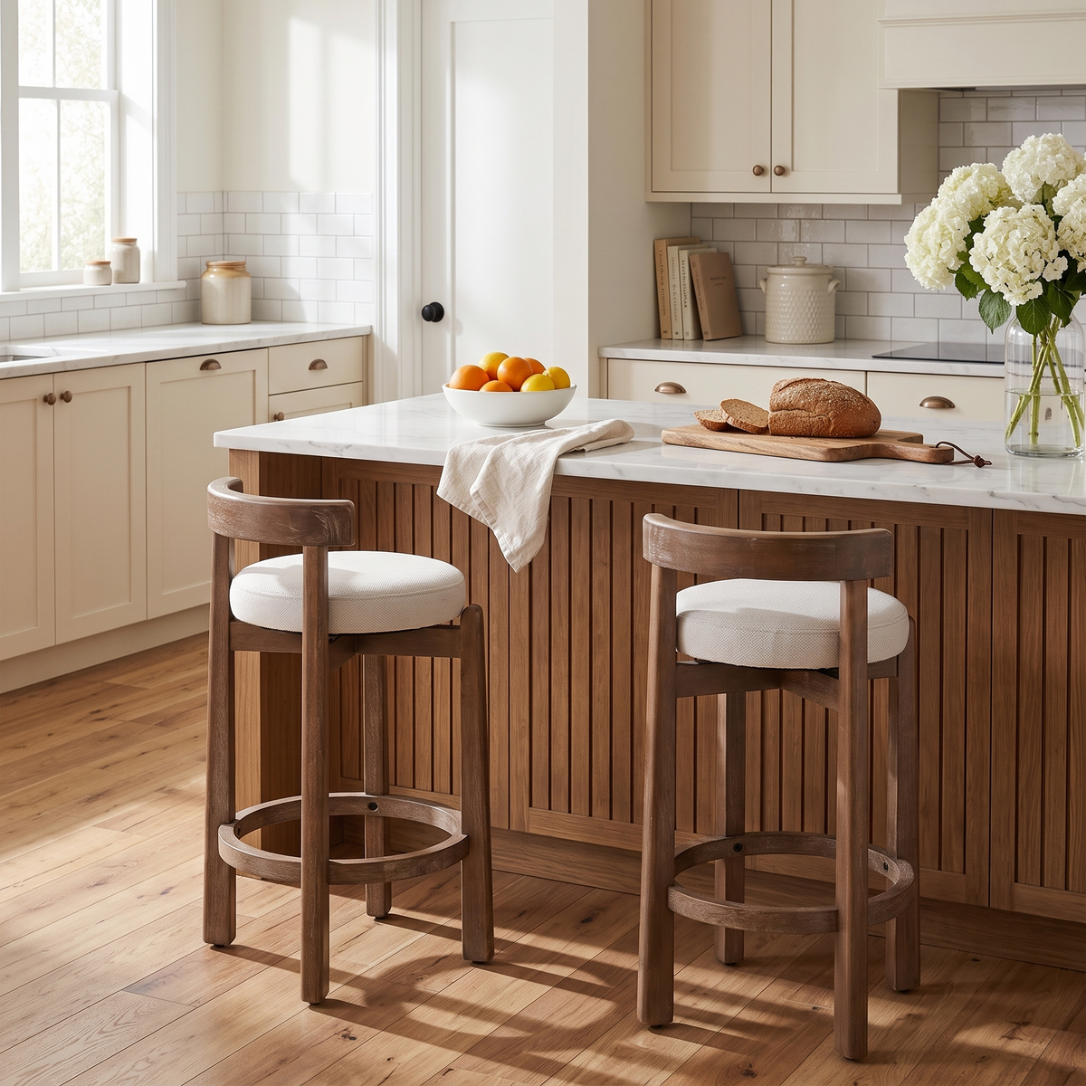 GDFStudio Salil 26  Mid-Century Modern Swivel Rubberwood Linen Upholstered Counter Stools (Set of 2), Beige