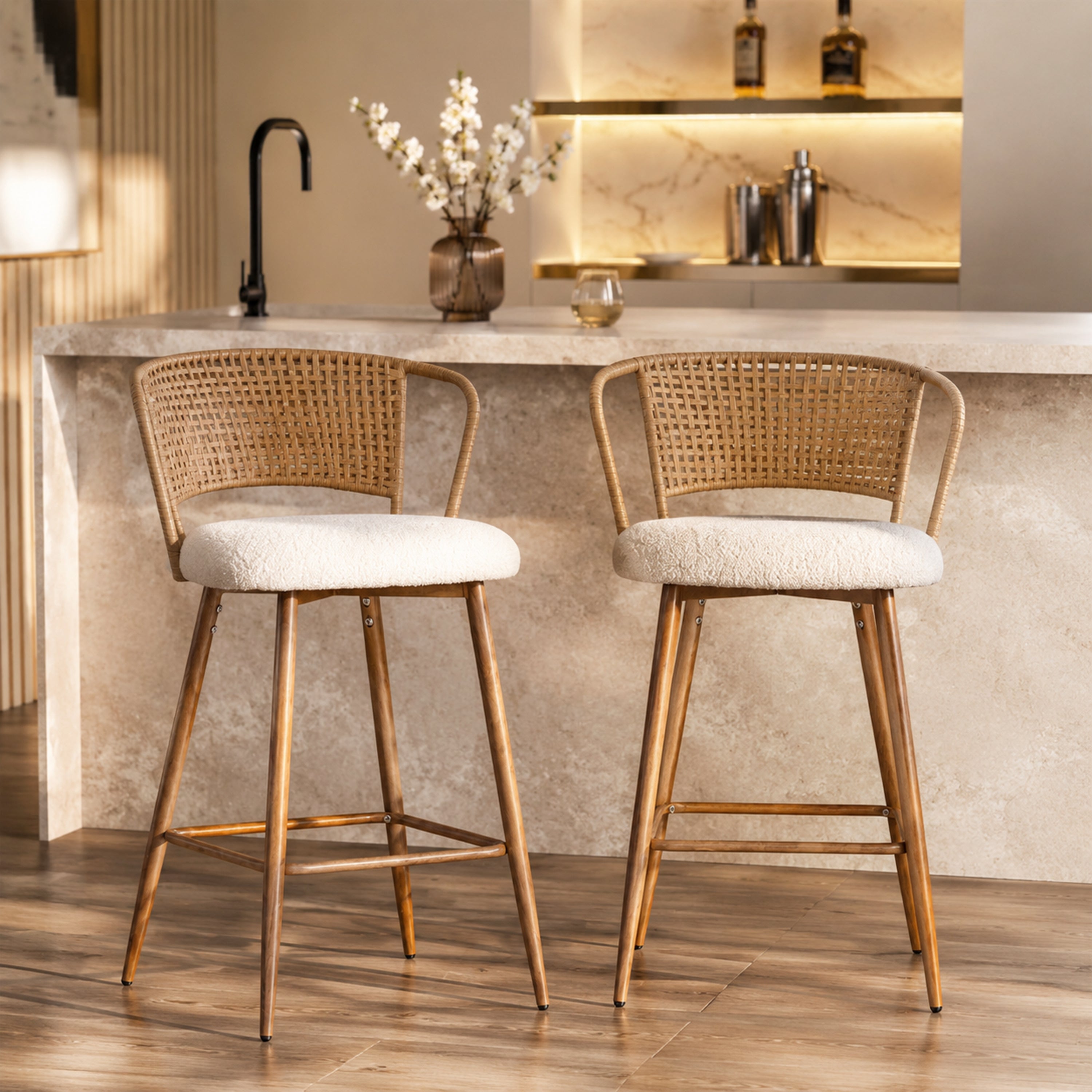 GDFStudio Waverly 27" Mid-Century Modern Rattan Upholstered Bar Stool with Metal Legs (Set of 2), Cream/Natural