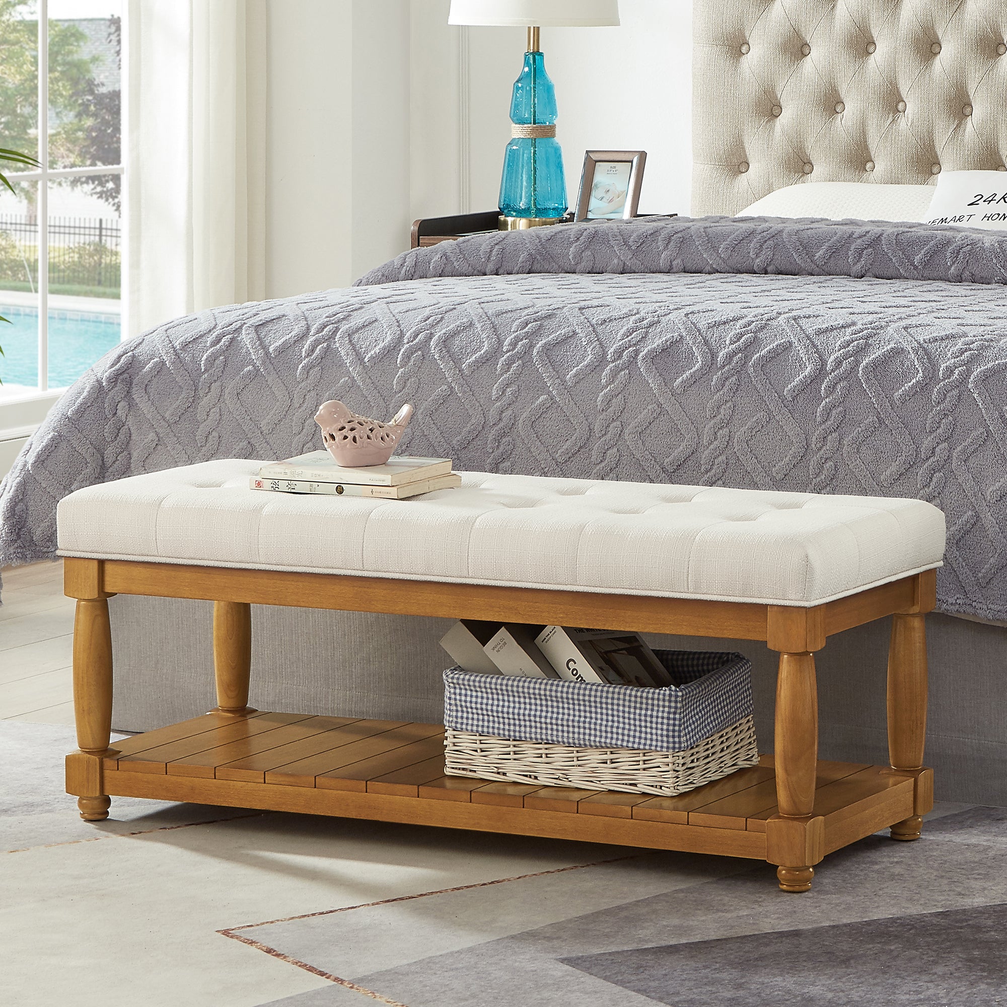 GDFStudio Hazel Modern Wooden Linen Upholstered Bench with Storage Shelf and Tufted Design, Ivory