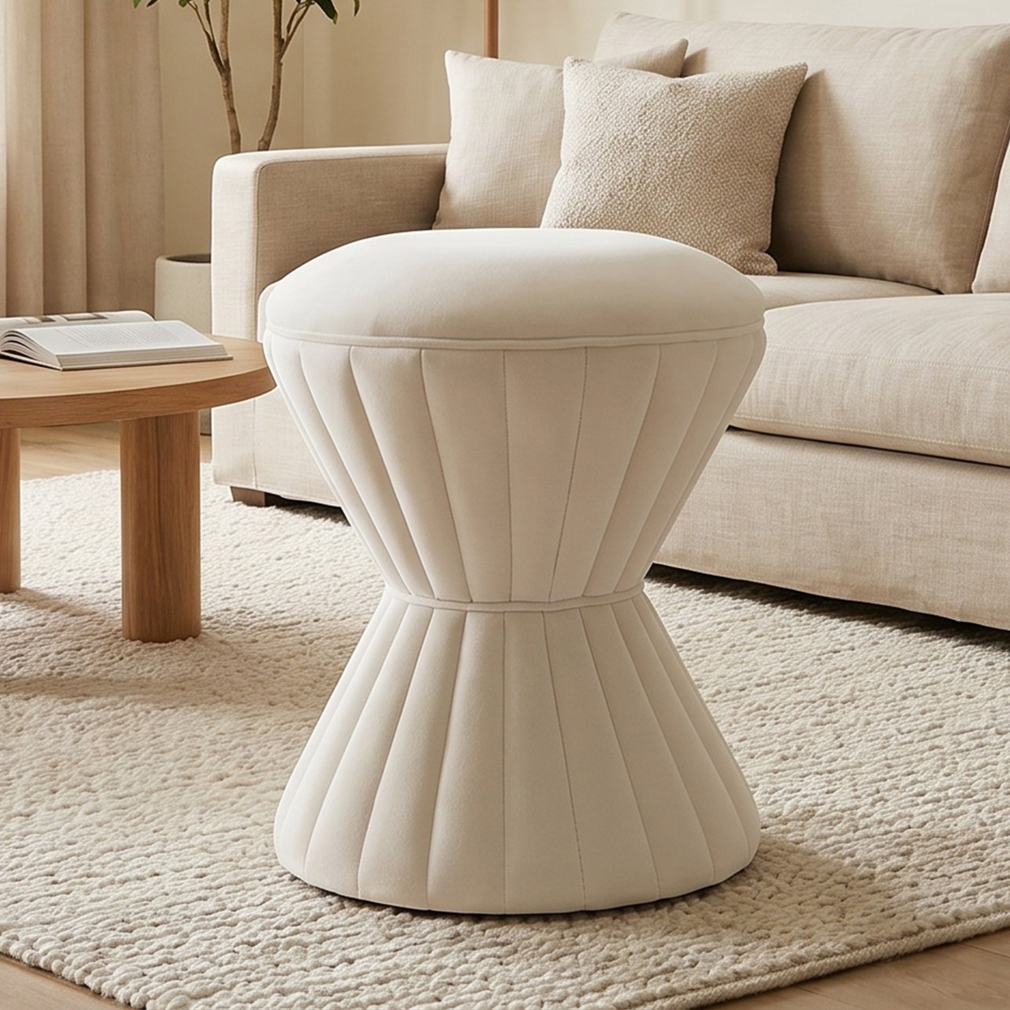 GDFStudio Isabel Modern Wooden Velvet Upholstered Vanity Stool Chair with Drum-Shaped Design, Beige
