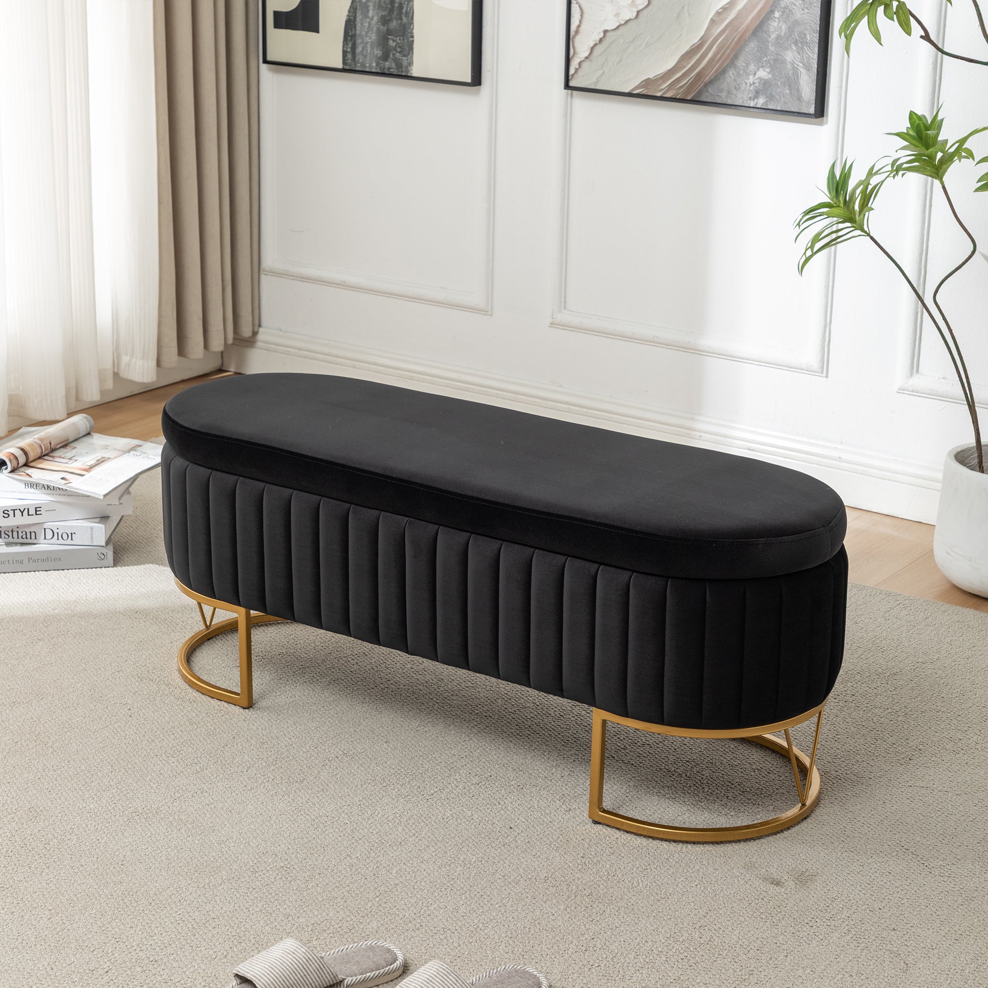 GDFStudio Jasmine Modern Wooden Velvet Upholstered Storage Bench with Metal Legs, Black