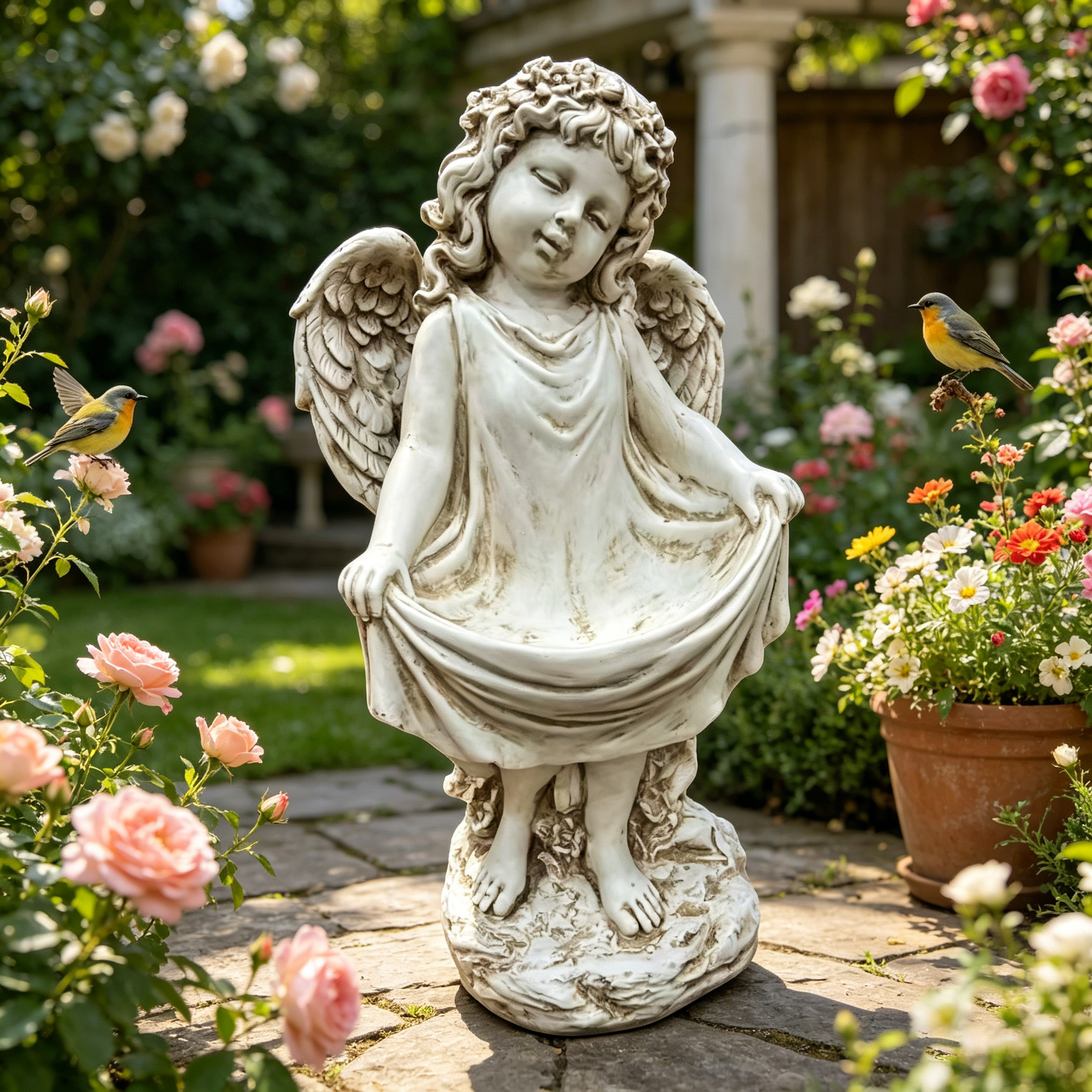 GDFStudio Fiorella 21" Tall Vintage Outdoor Resin Sleeping Angel Garden Statue, White