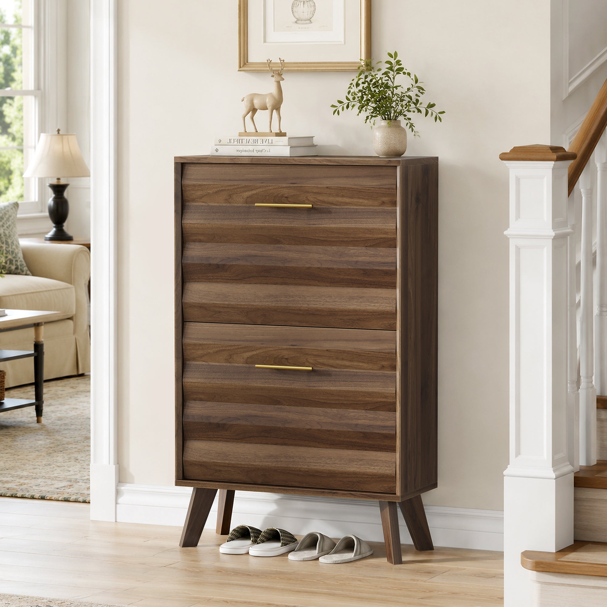 GDFStudio Curran 23.6" Mid-century Modern Flip-Top Freestanding Wooden Shoe Cabinet, Walnut