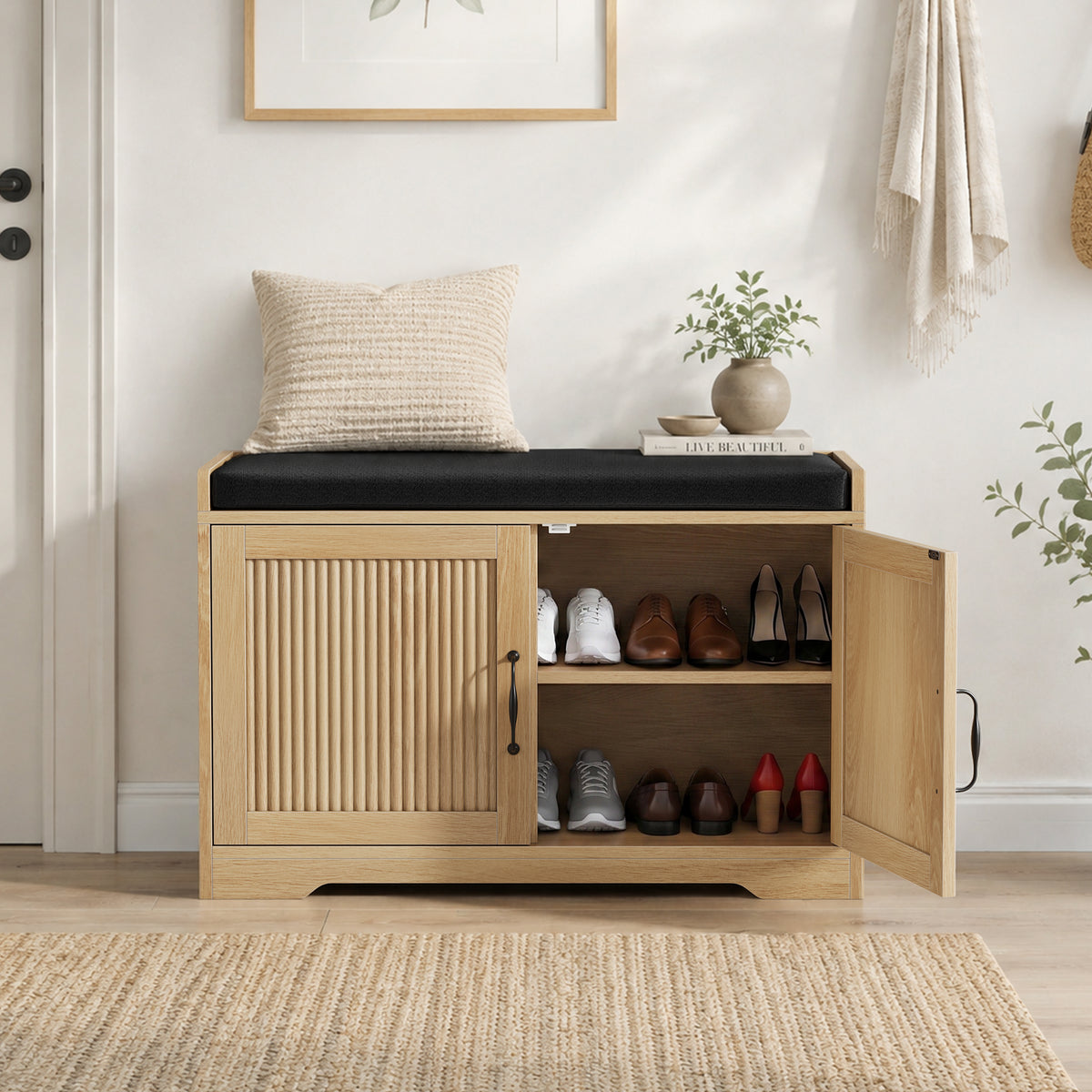 GDFStudio Catrin 32  Upholstered Wood Shoe Storage Bench with Shelf, Oak