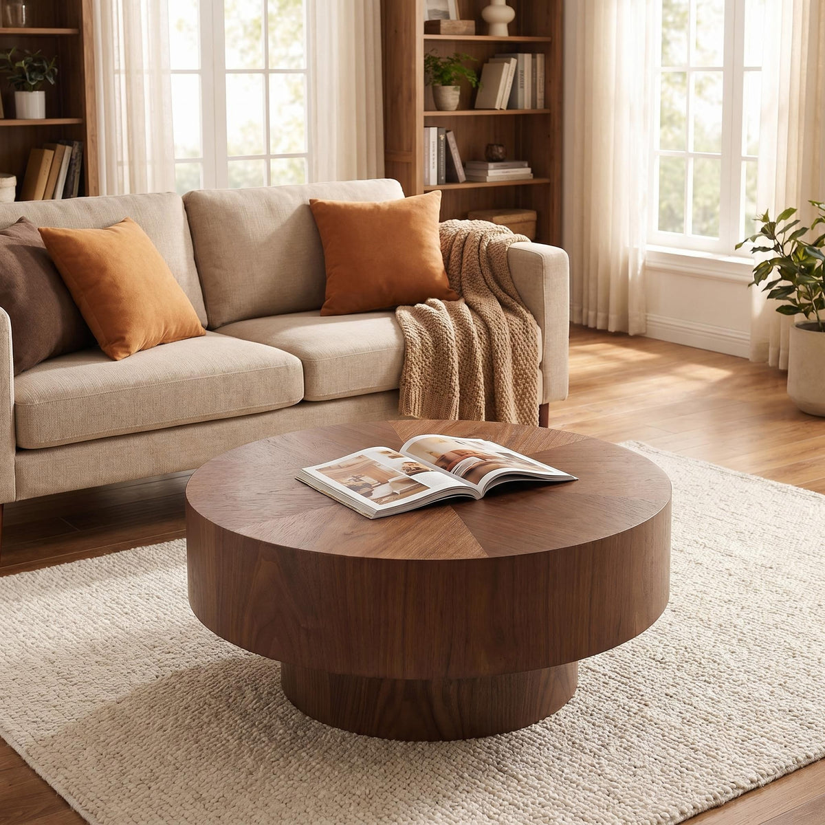 GDFStudio Poena Modern Wood Round Coffee Table, Walnut