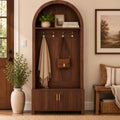 GDFStudio Everly 70.3" Arched Farmhouse Wooden Hall Tree with Storage Cabinet, Bench, and Metal Hooks, Walnut