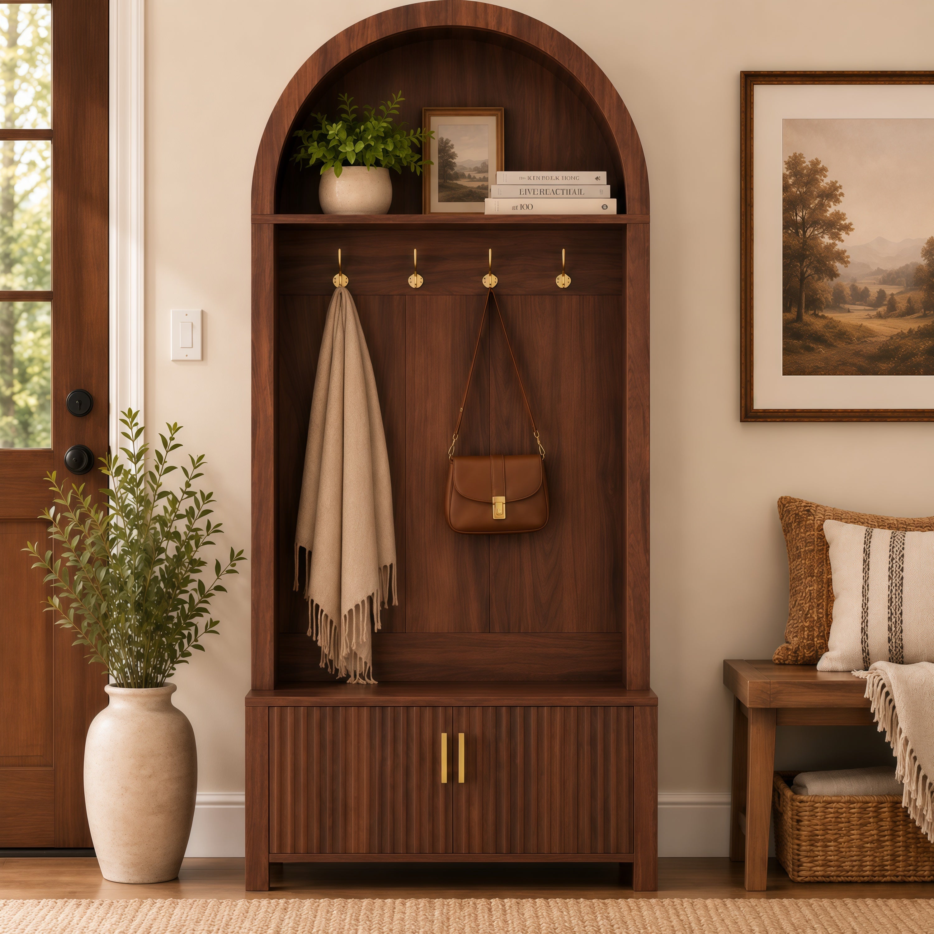 GDFStudio Everly 70.3" Arched Farmhouse Wooden Hall Tree with Storage Cabinet, Bench, and Metal Hooks, Walnut