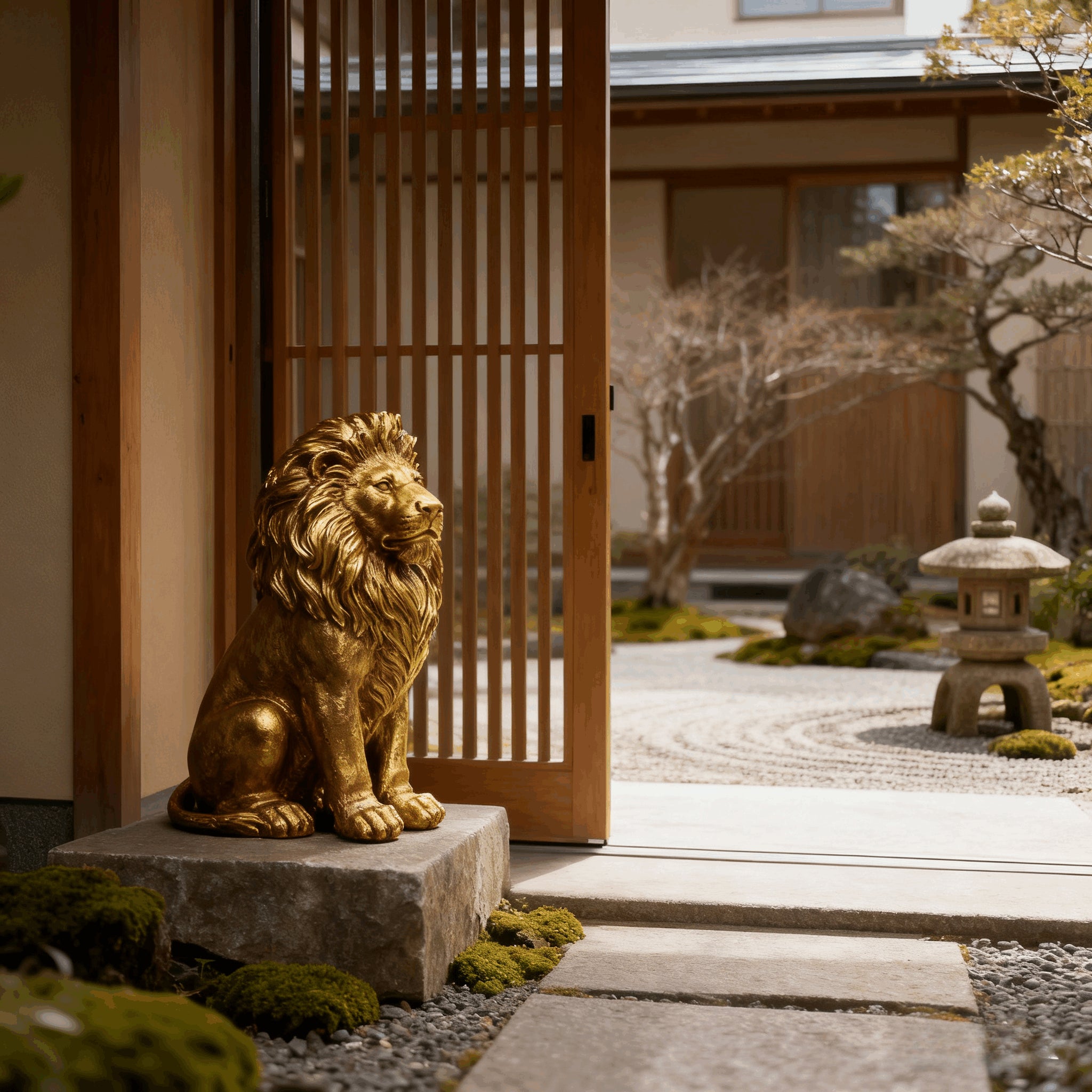 GDFStudio Mors 24'' Modern Outdoor Lion Guardian Sculpture, Gold