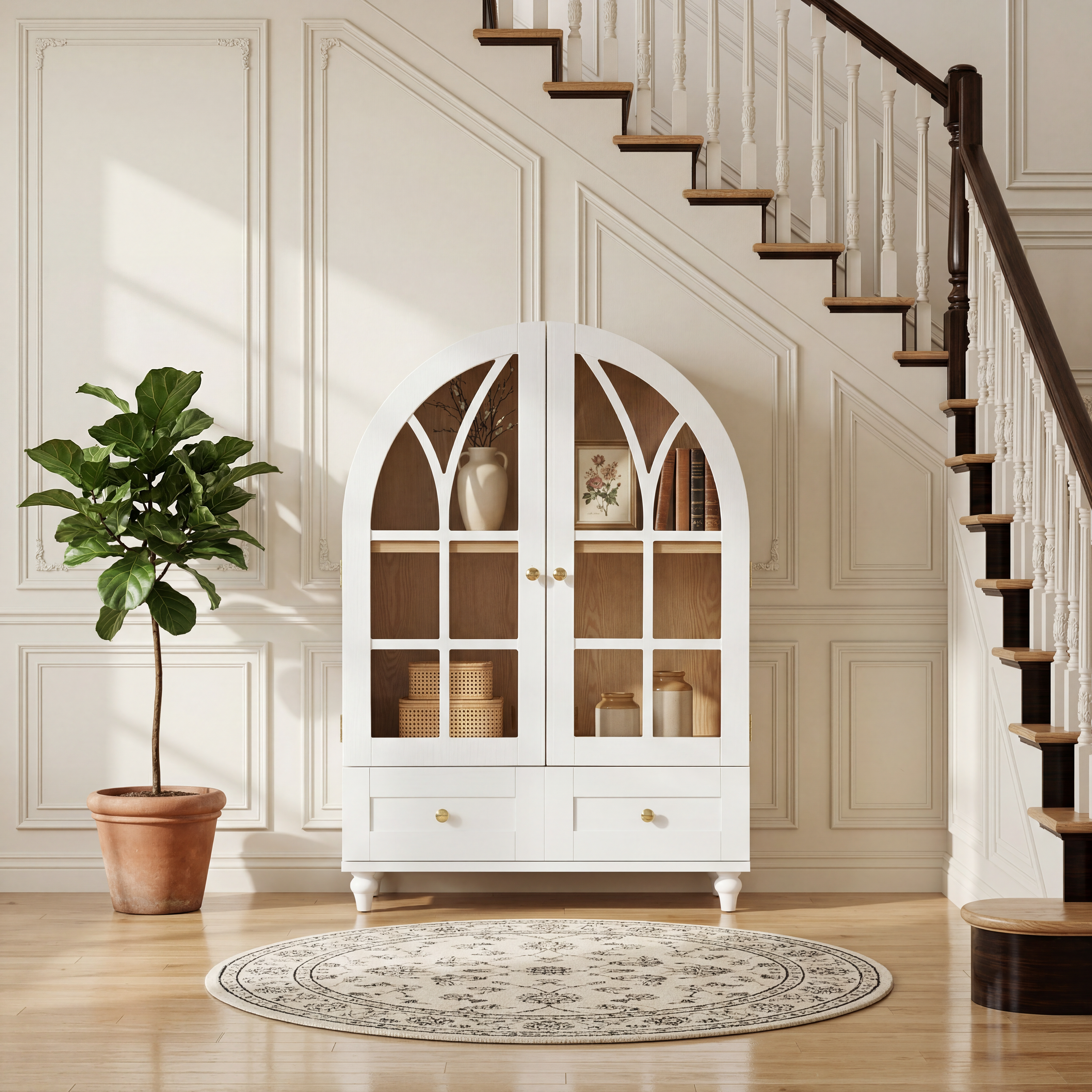 GDFStudio Hymen Modern Arched Display Cabinet with 2 Drawers and 2 Tempered Glass Doors, White
