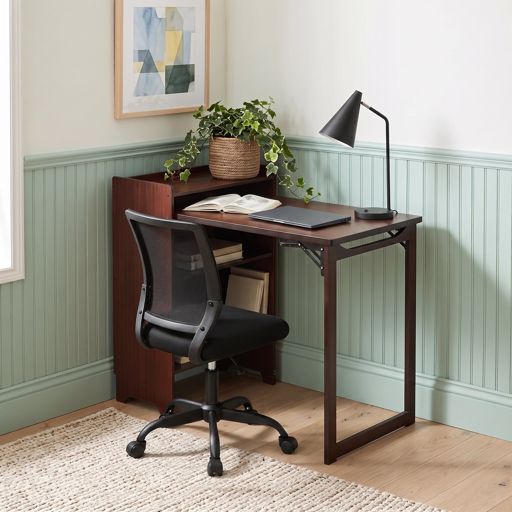 GDFStudio Quinn Mid-Century Modern Bamboo Foldable Desk with Shelf, Dark Brown