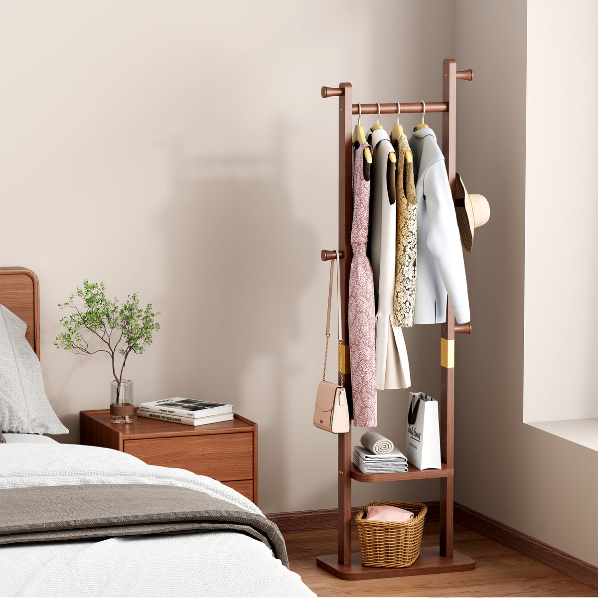 GDFStudio Lilian Modern Rubberwood Coat Rack with 4 Hooks and Open Shelves, Walnut