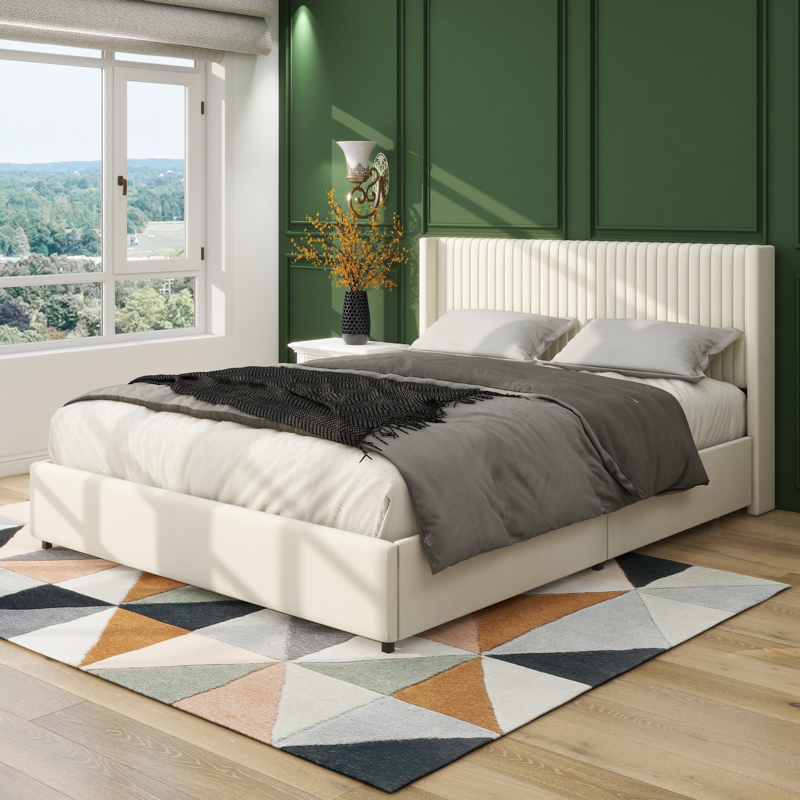 Christopher Knight Home Gelia Upholstered Queen Size Bed with Wingback Headboard and 2-Drawers, Ivory