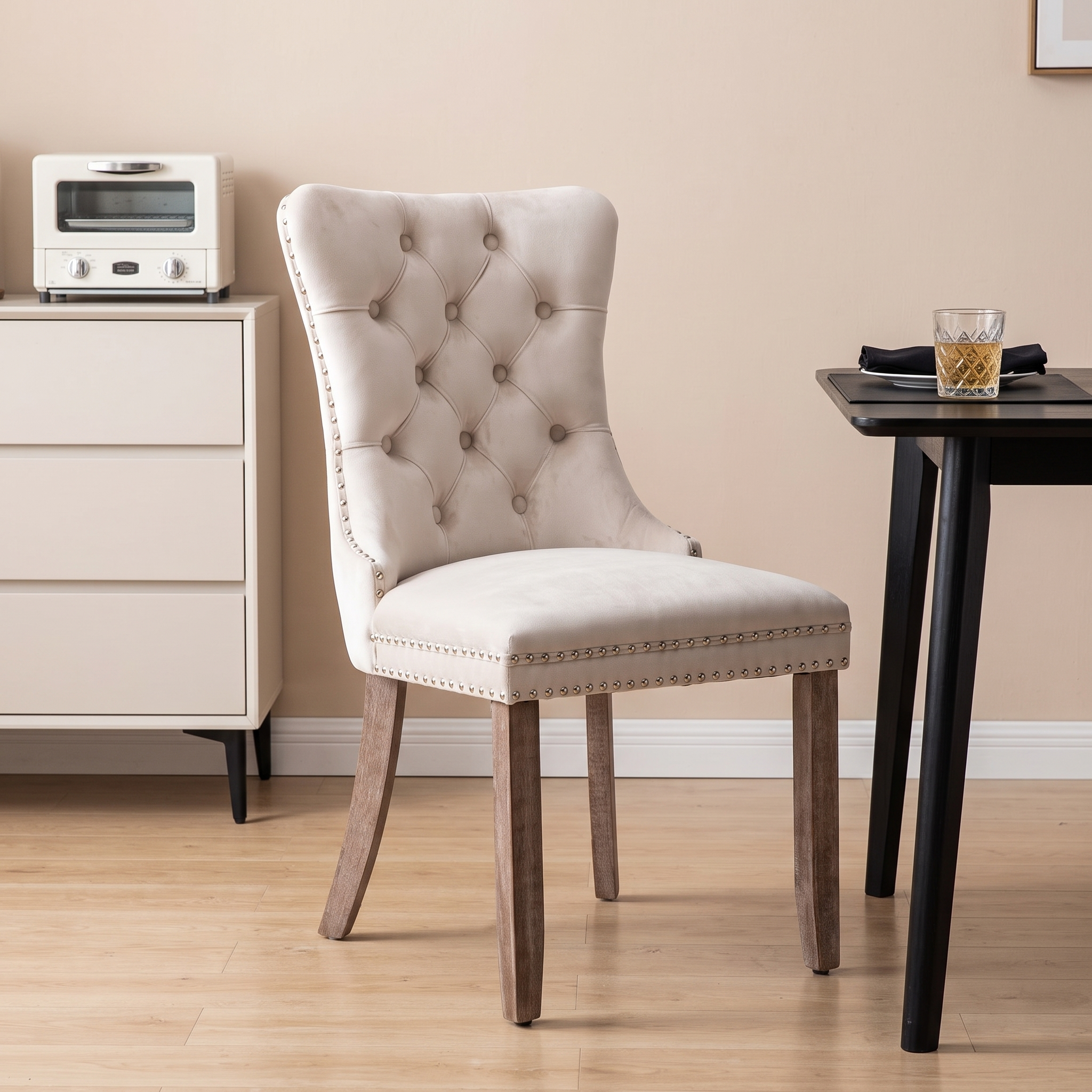 GDFStudio Eleanor Modern Rubberwood Velvet Upholstered Dining Chair with Nailhead Trim Design, Beige