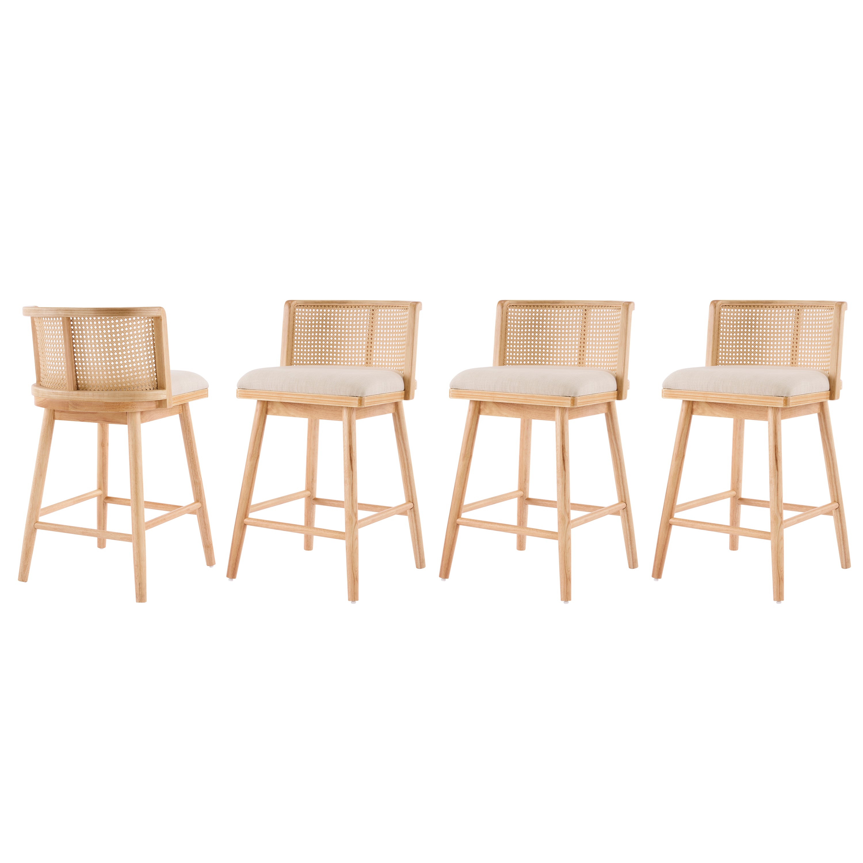 Christopher Knight Home Nilo Modern Woven Rattan Rubberwood Upholstered Counter Stools with Rattan Curved Backrest (Set of 4), Beige/Natural