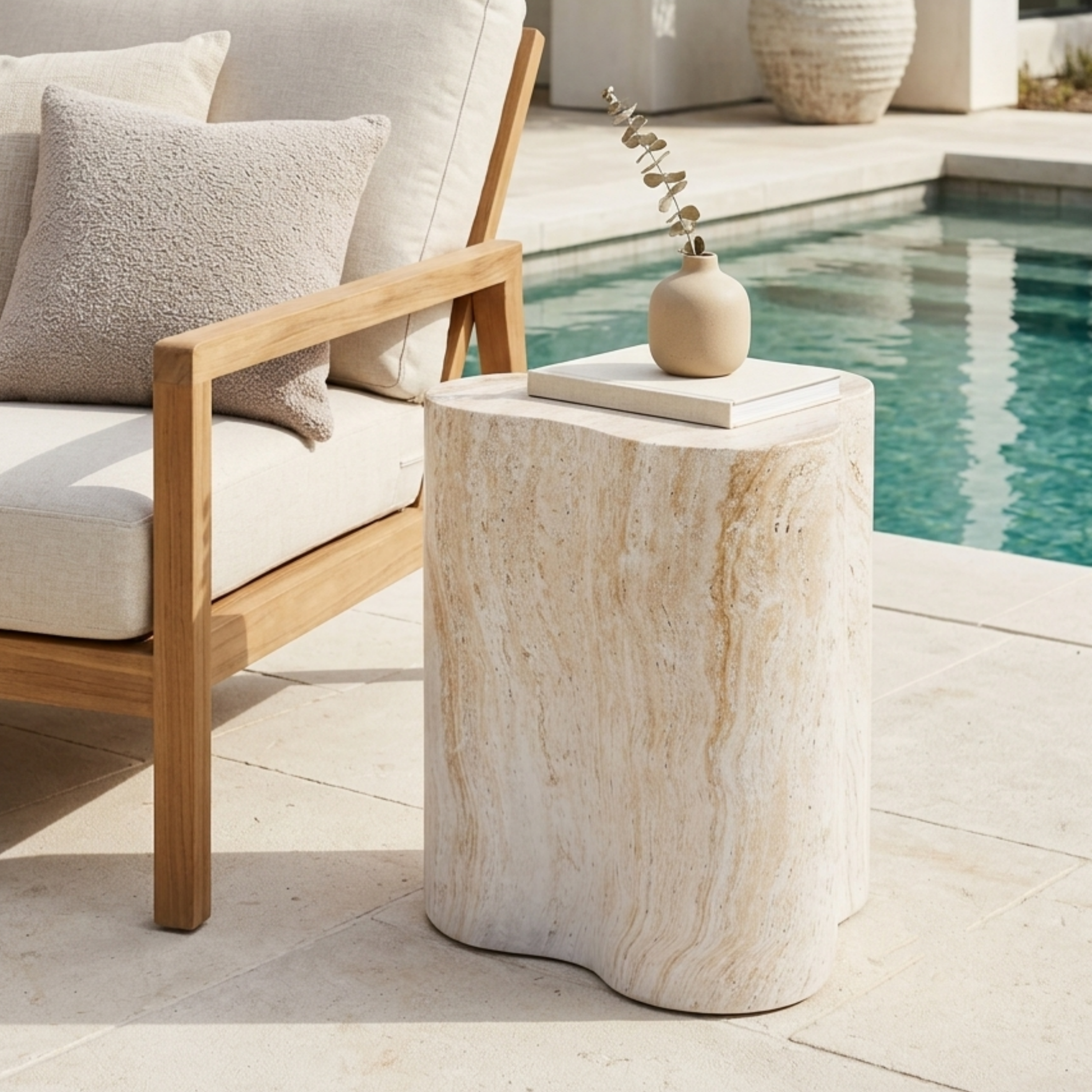 Christopher Knight Home Sienna Patio Modern Lightweight Concrete Travertine-Look Accent Side Table, Light Beige, Cloud-Shaped Design