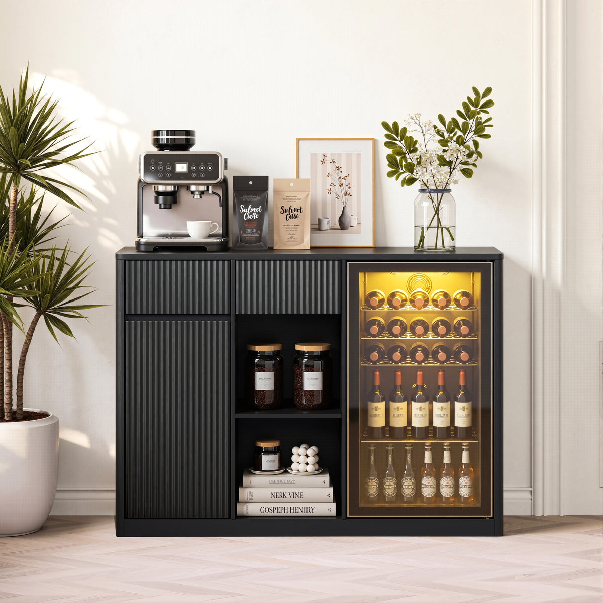 GDFStudio Coty 51.2" Modern Bar Cabinet with Open Refrigerator Nook, Fluted Doors, Power Outlets and Adjustable Storage Shelves, Black