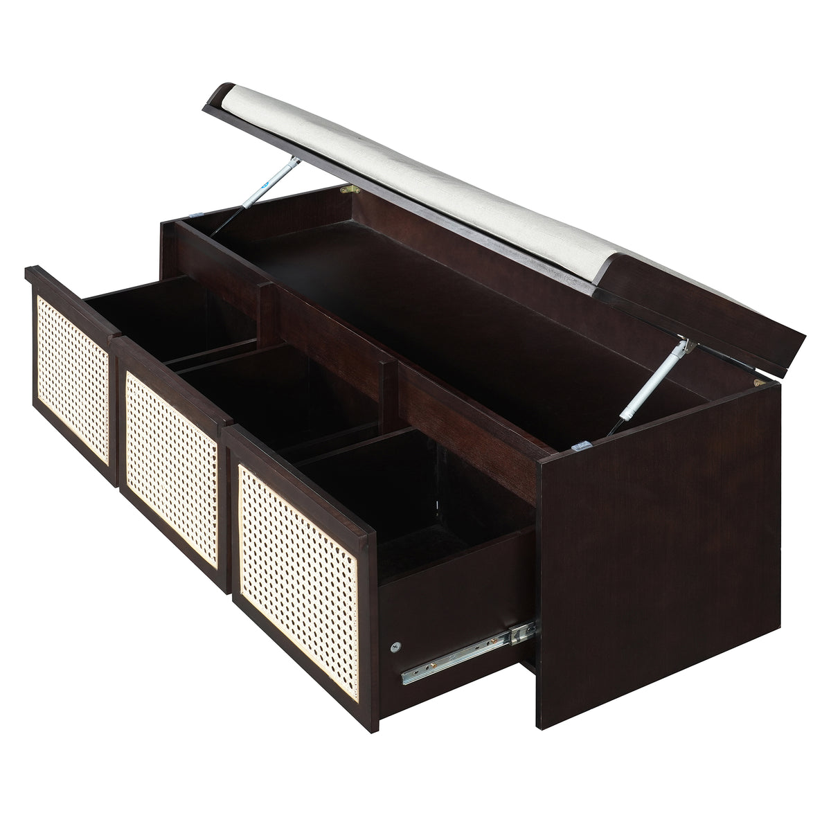 GDFStudio Harlow Wooden Storage Bench with Rattan Drawers and Removable Button‑Tufted Upholstered Cushion, Espresso