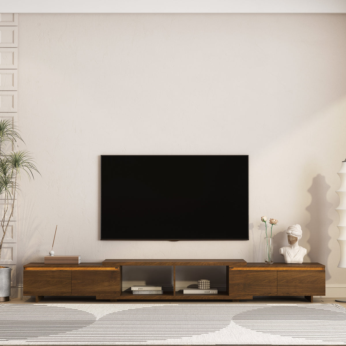 GDFStudio Nesos Modern Extandable TV Stand with 4 Drawers and LED Lights, Brown