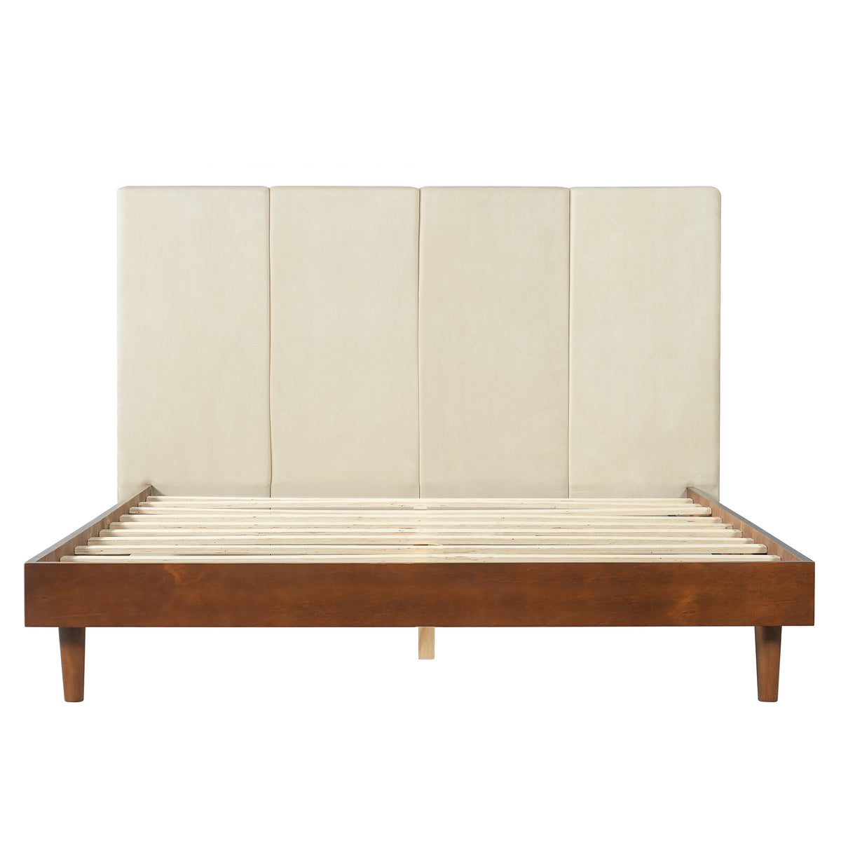 Christopher Knight Home Windsor Modern Wood Platform Bed with Upholstered Headboard, Walnut/Beige, Queen