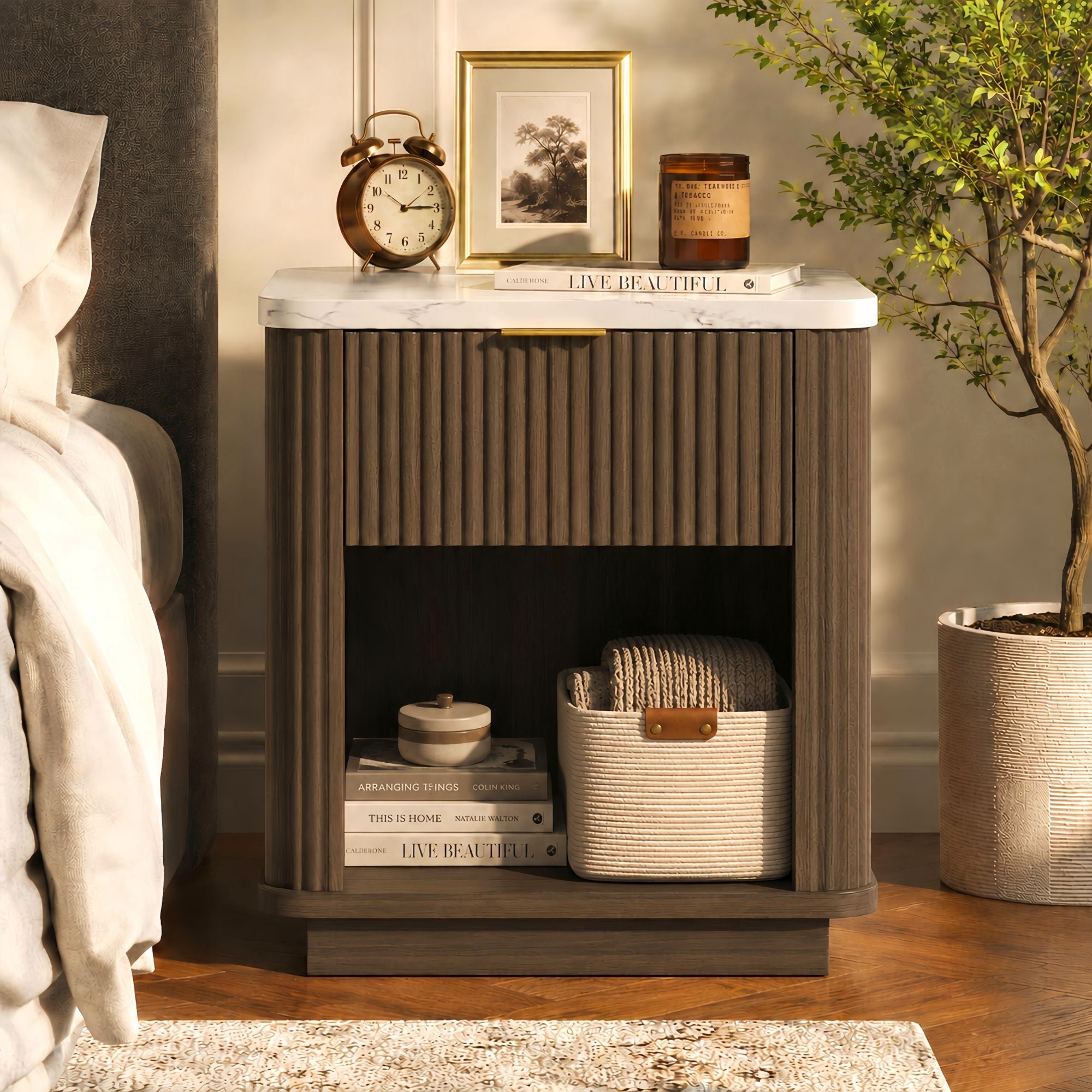 GDFStudio Latona Traditional Fluted Nightstand with Storage Drawer and Open Shelf, Walnut