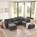 GDFStudio Ethan 7 Piece Wooden Upholstered Modular Sectional Sofa with Cushions, USB Port and Cup Holder, Dark Gray