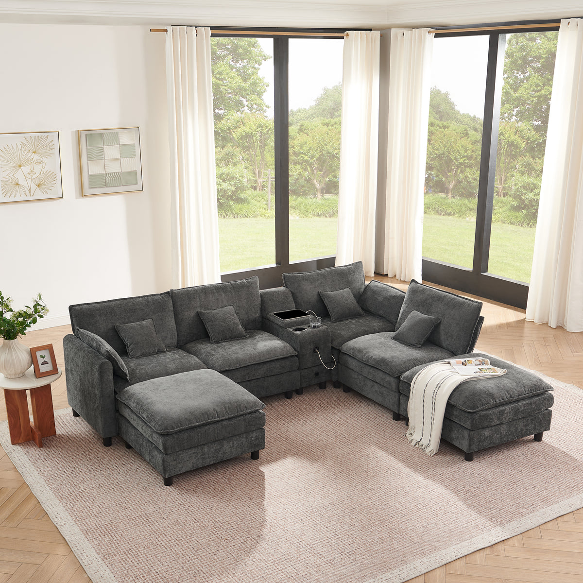 GDFStudio Ethan 7 Piece Wooden Upholstered Modular Sectional Sofa with Cushions, USB Port and Cup Holder, Dark Gray