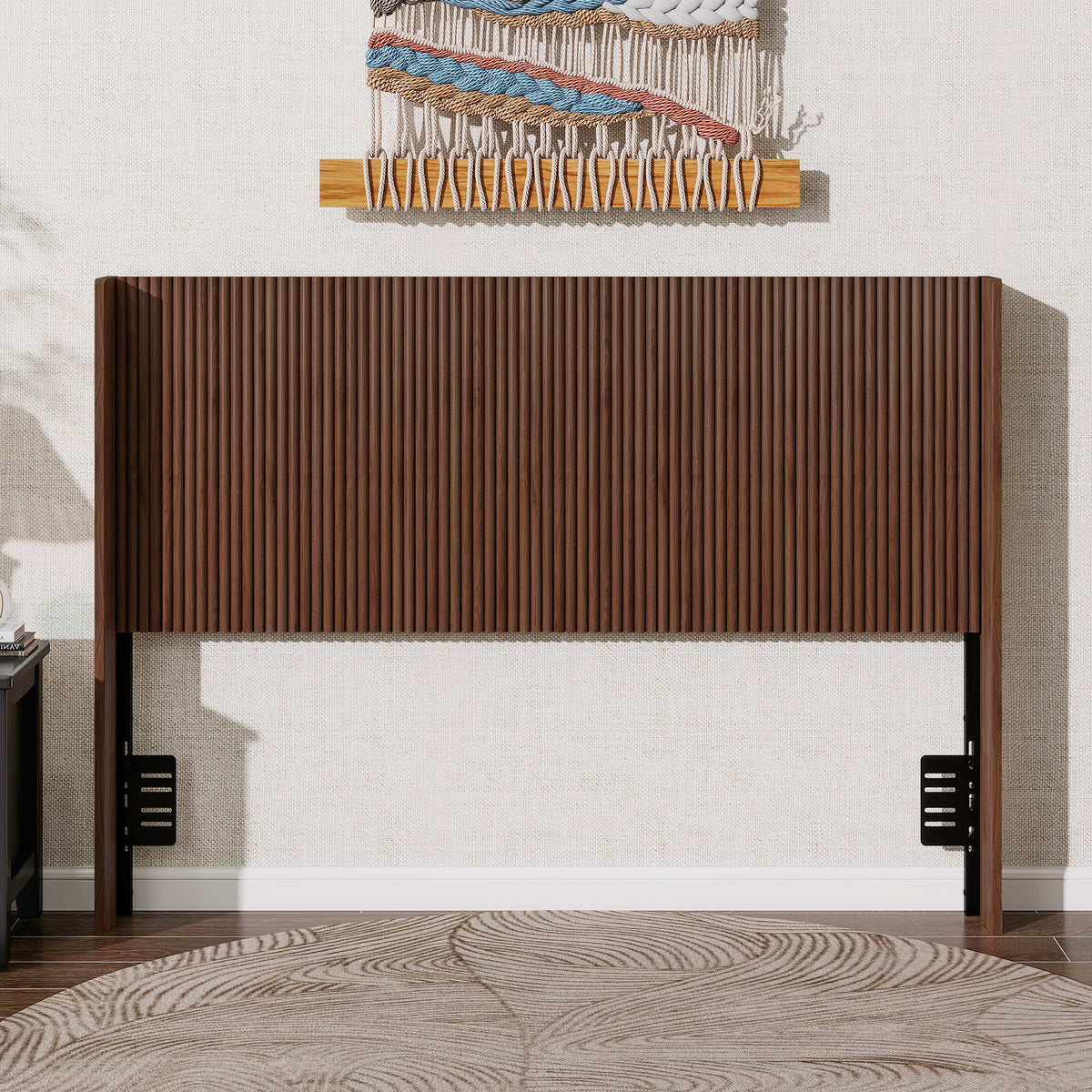 GDFStudio Ayumu Mid-Century Modern Fluted Wood Headboard with Adjustable Metal Frame, Walnut