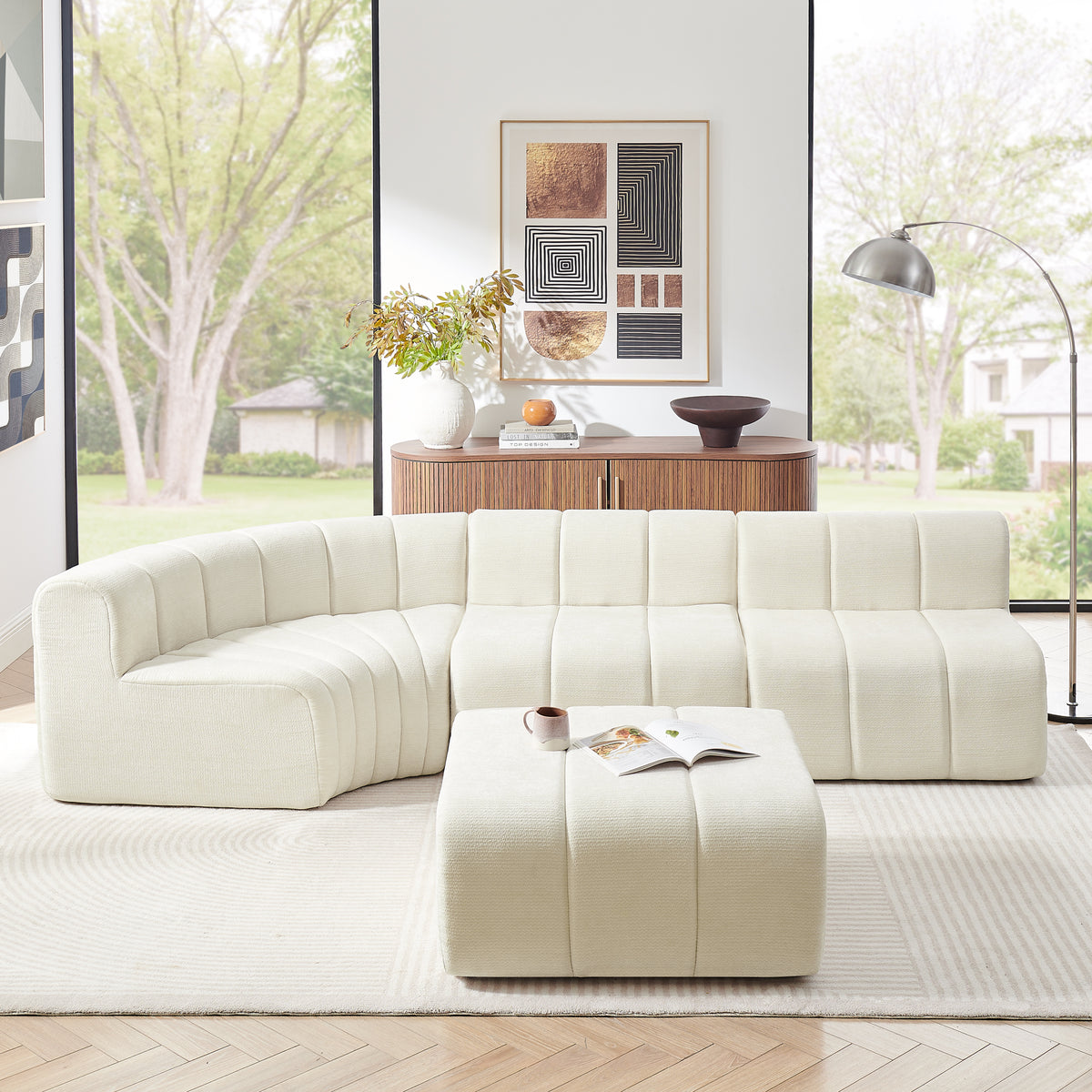 GDFStudio Sarai Modern 116.5  Semi-Curved Modular Chenille Sectional Sofa with Movable Ottoman, Beige