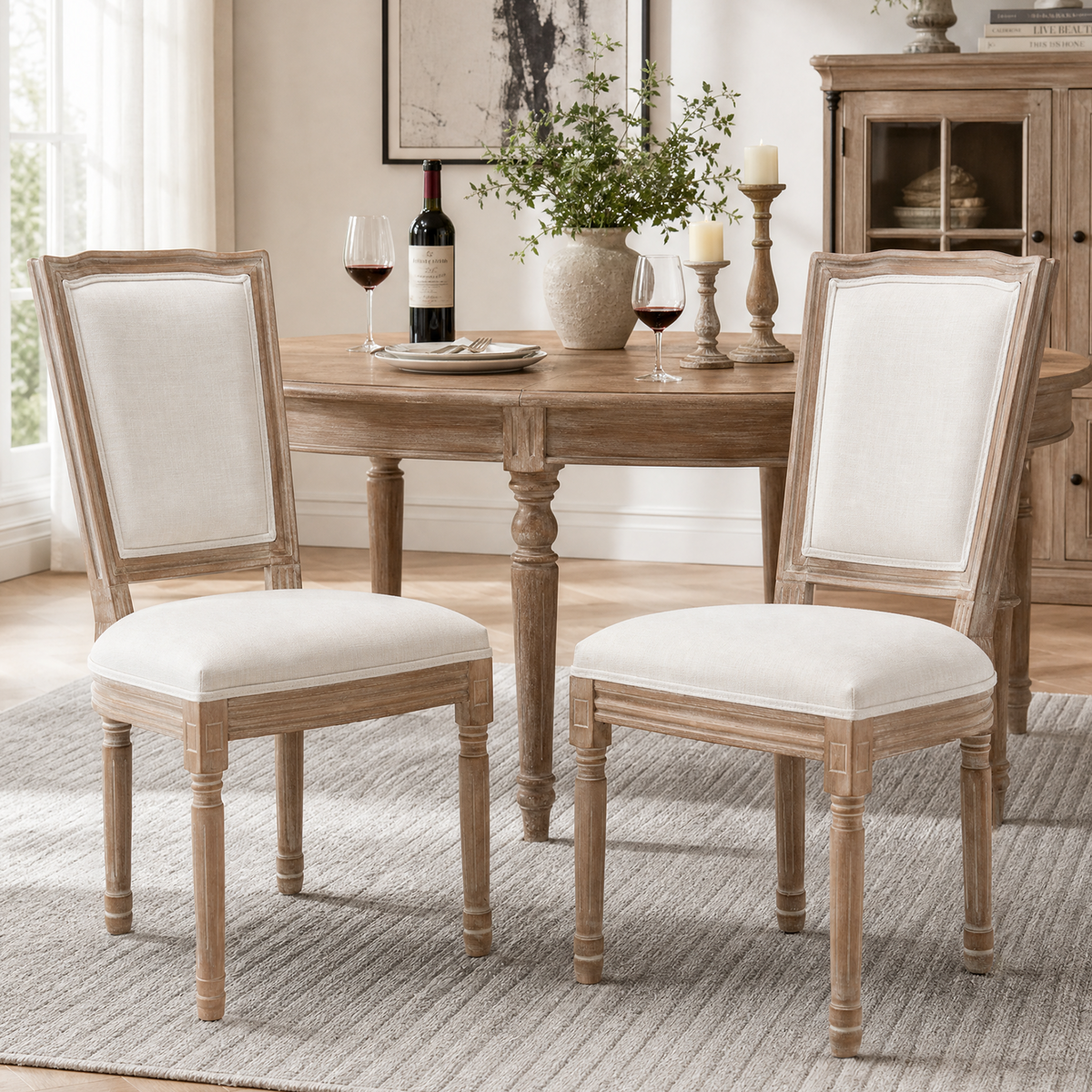 GDFStudio Lytta French Country Rubberwood Linen Upholstered Dining Chairs (Set of 2), Beige