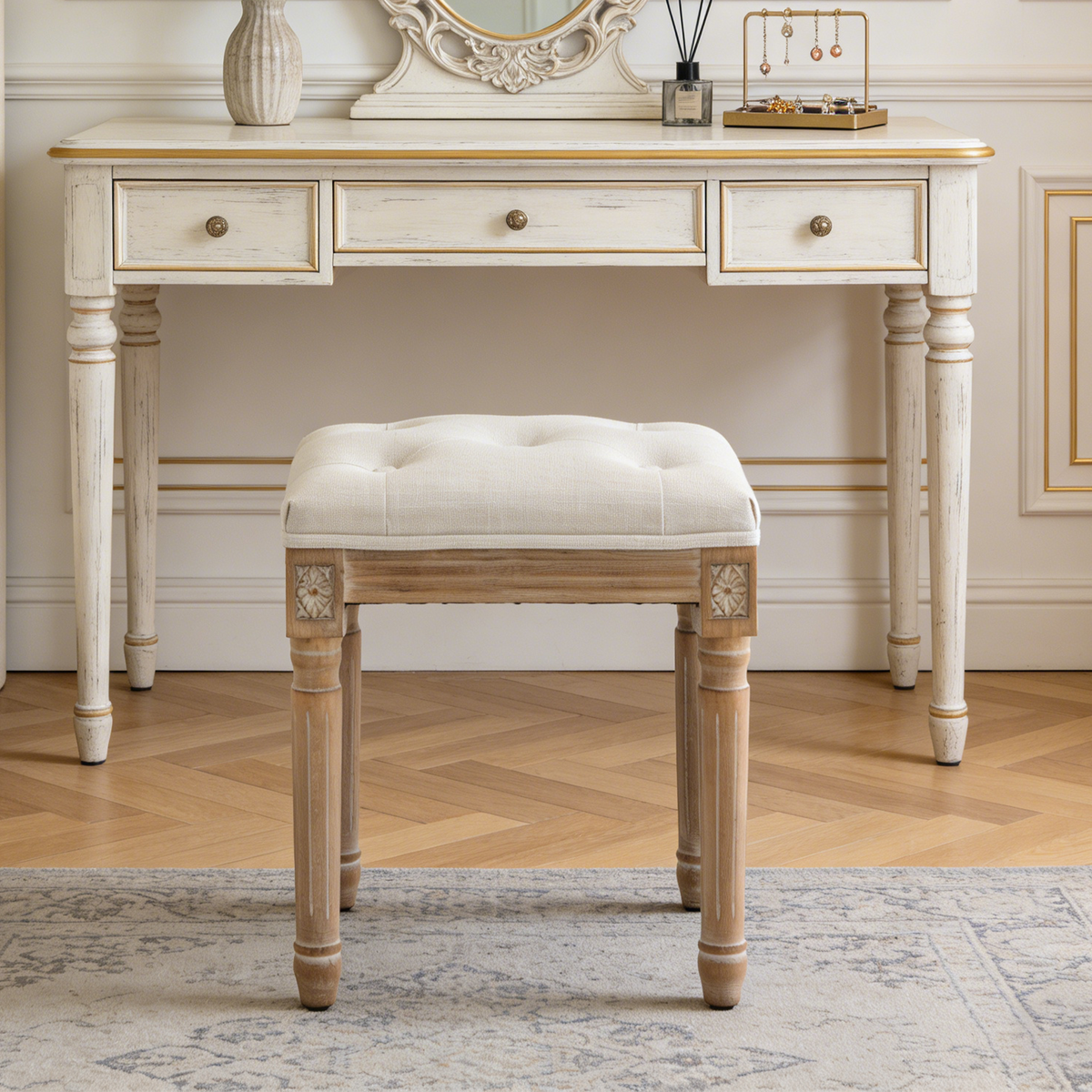 GDFStudio Furor Modern Carved Linen Upholstered Tufted Vanity Stool, Beige