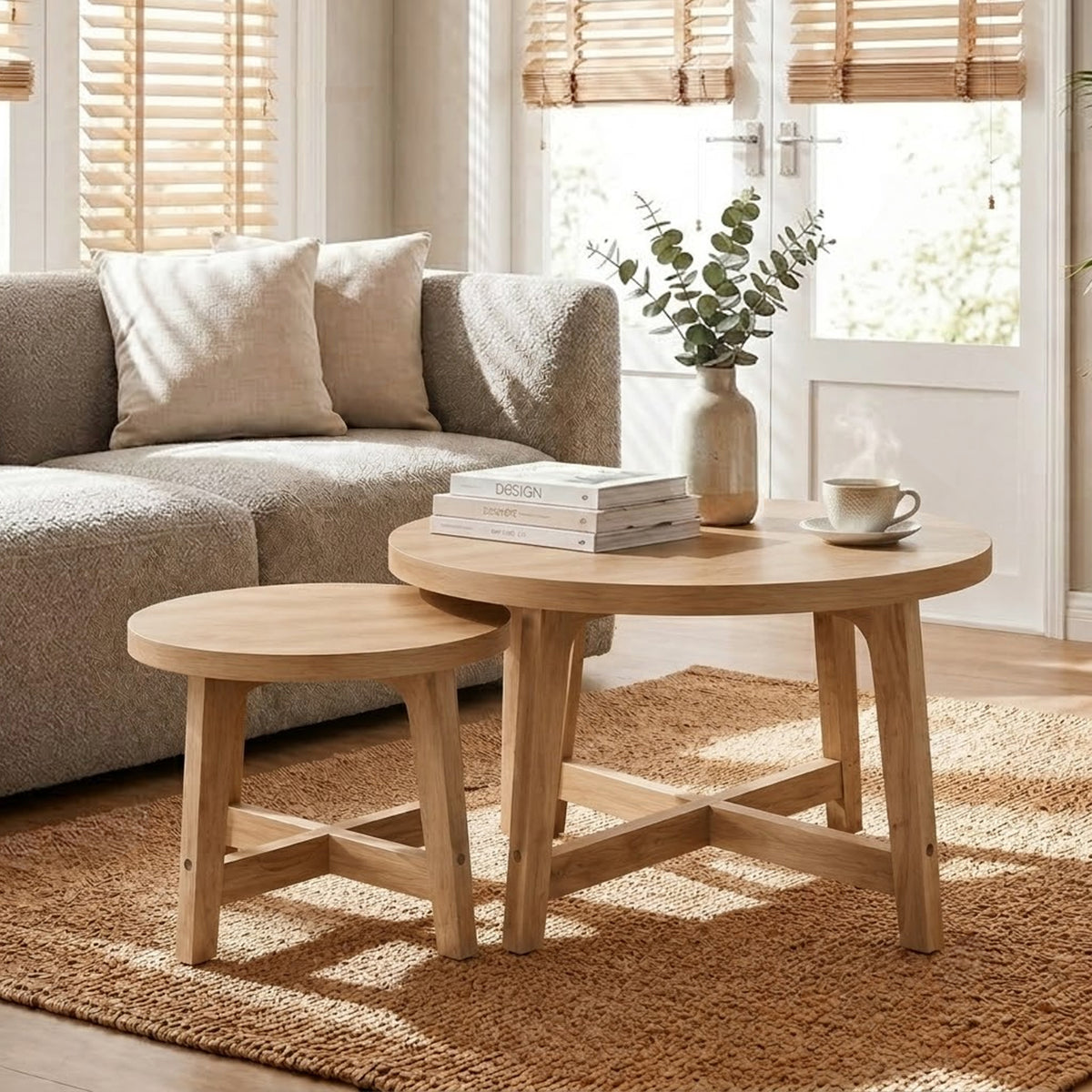 GDFStudio Bnaya Modern 2-Piece Wood Nesting Round Coffee Table Set with X-Shaped Frame, Natural