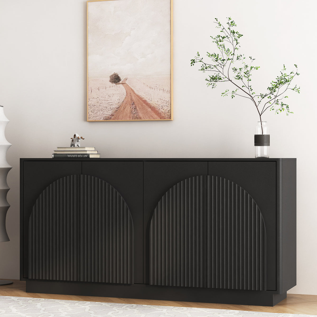 GDFStudio Nora Modern 64.7" Wood Fluted Sideboard Cabinet with Adjustable Storage Shelves, Black