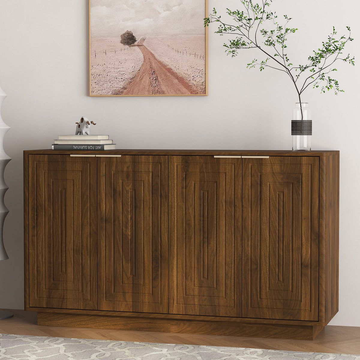 GDFStudio Blair Modern 55" Wood Sideboard with Adjustable Storage Shelves, Brown