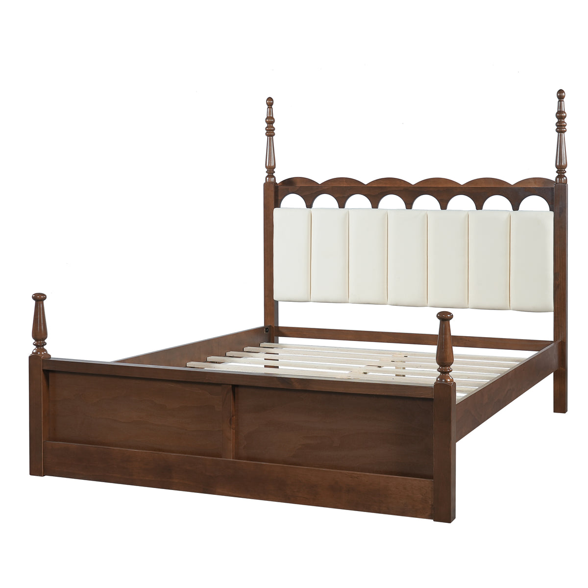Christopher Knight Home Astraea Vintage Scalloped Fabric Upholstered Platform Bed with 4 Turned Spindle Posts, Brown/Beige, Queen