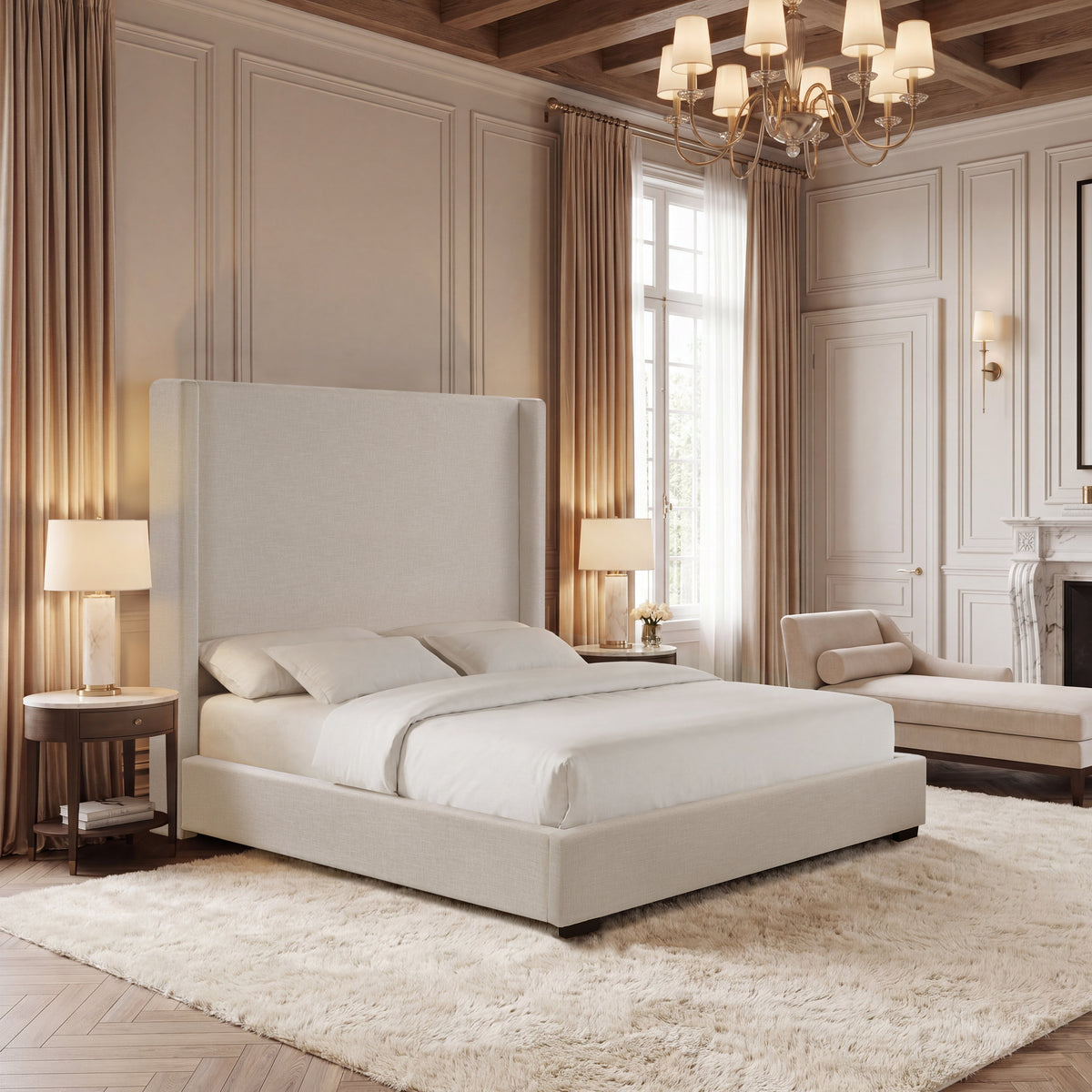 GDFStudio Hampton Modern Upholstered Platform Bed with Rubberwood Legs, Ivory, King