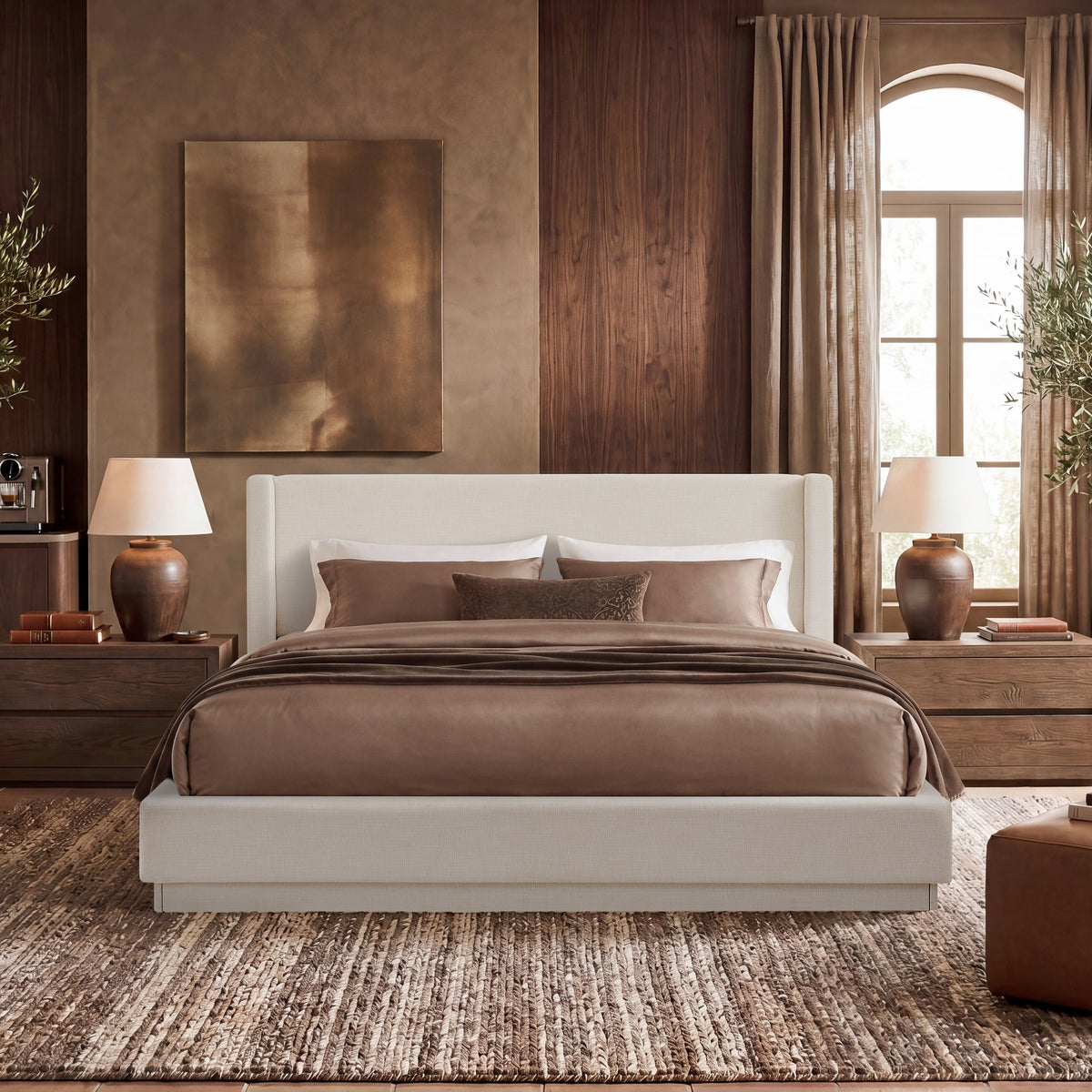 GDFStudio Maia Modern Upholstered Platform Bed with Wingback Headboard, Ivory, King