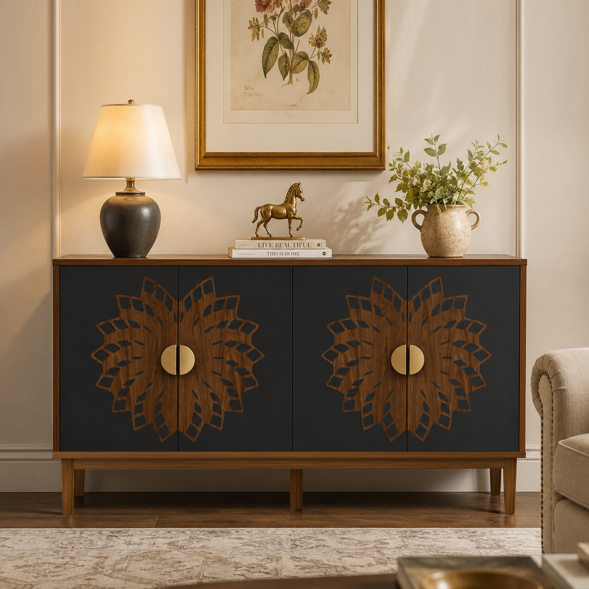 GDFStudio Hartwell 63  Vintage Wood Sideboard Storage Cabinet with Adjustable Shelf and Carved Doors,  Black/Walnut