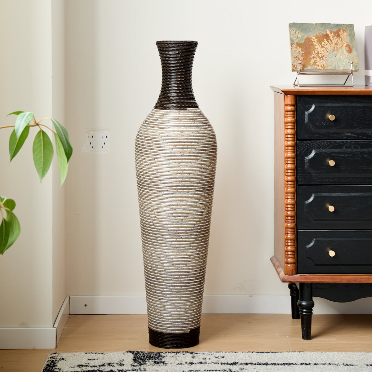 GDFStudio Cleme 39.4  Handwoven Rattan Look PVC Decorative Floor Vase,  Black/Gray