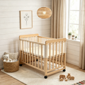 GDFStudio Everpine 4-in-1 Solid Wood Mini Crib with Mattress, Mesh Liner and Lockable Wheels, Brown/White