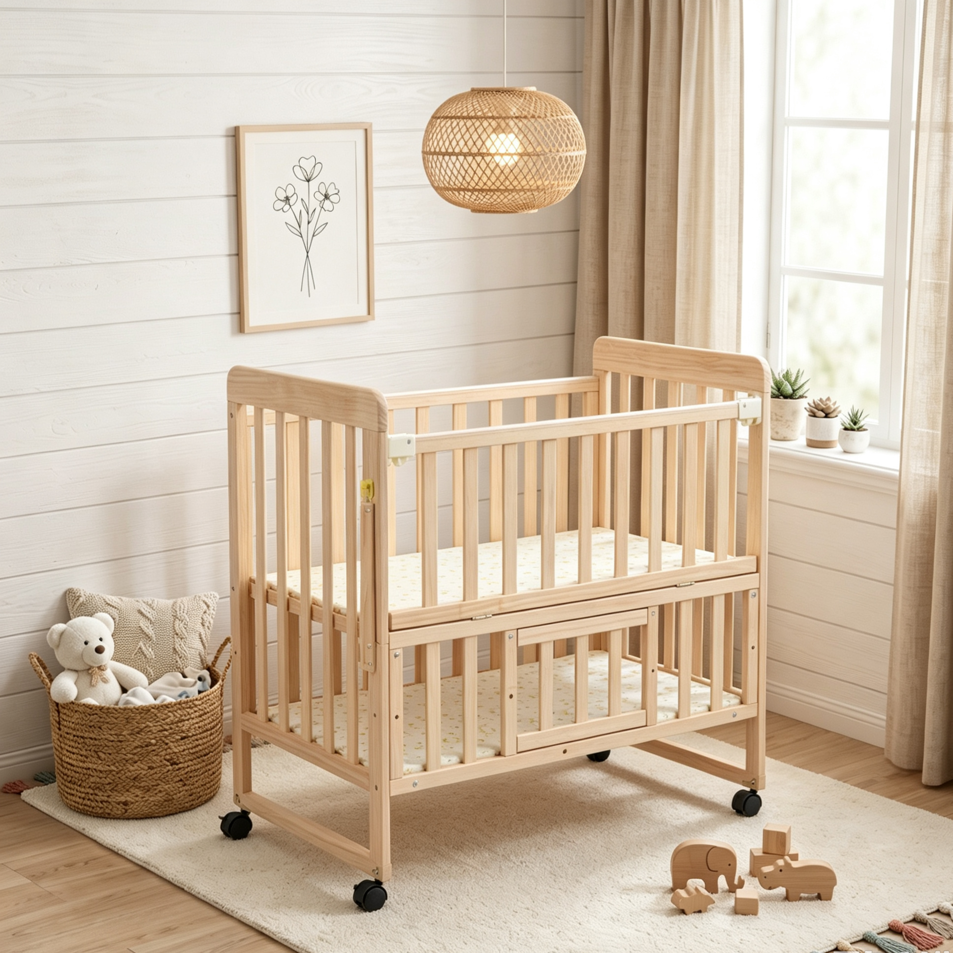 GDFStudio Oziel 5-in-1 Convertible Pine Wood Mini Baby Crib with Storage, Natural