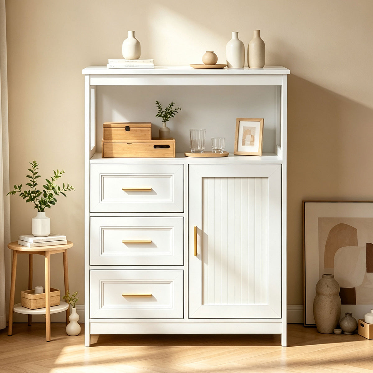 GDFStudio Jeneth 37 H Wood Kitchen Storage Cabinet with Door, Three Drawers and Wood Grain Finish, White