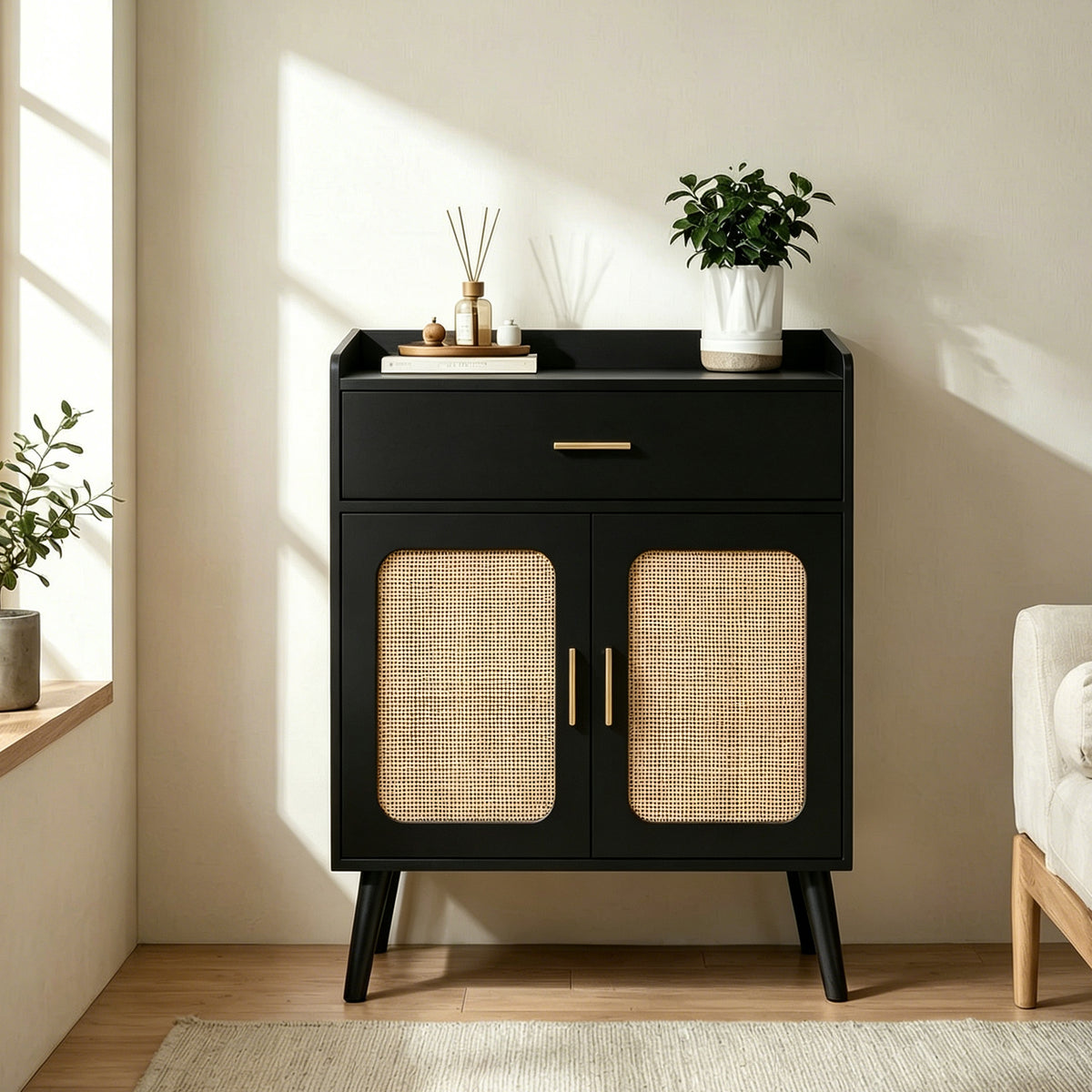 GDFStudio Marcin 36 H Farmhouse Wooden Sideboard Buffet Cabinet with Drawer and Double Doors, Black