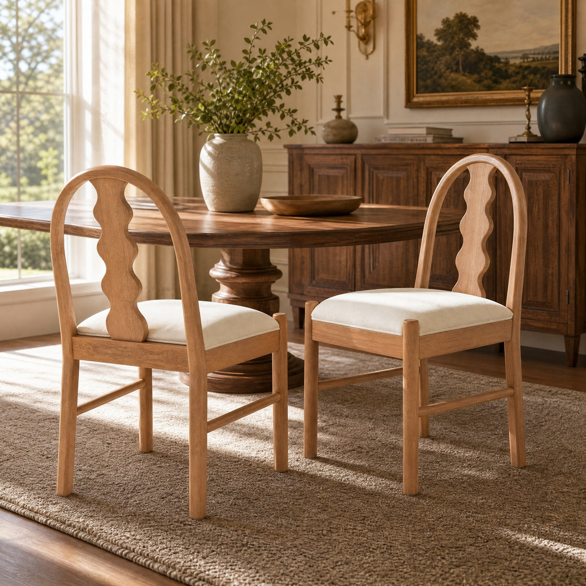 Christopher Knight Home Anatole Farmhouse Rubberwood Upholstered Dining Chairs with Arched Backrest (Set of 2), Natural/White