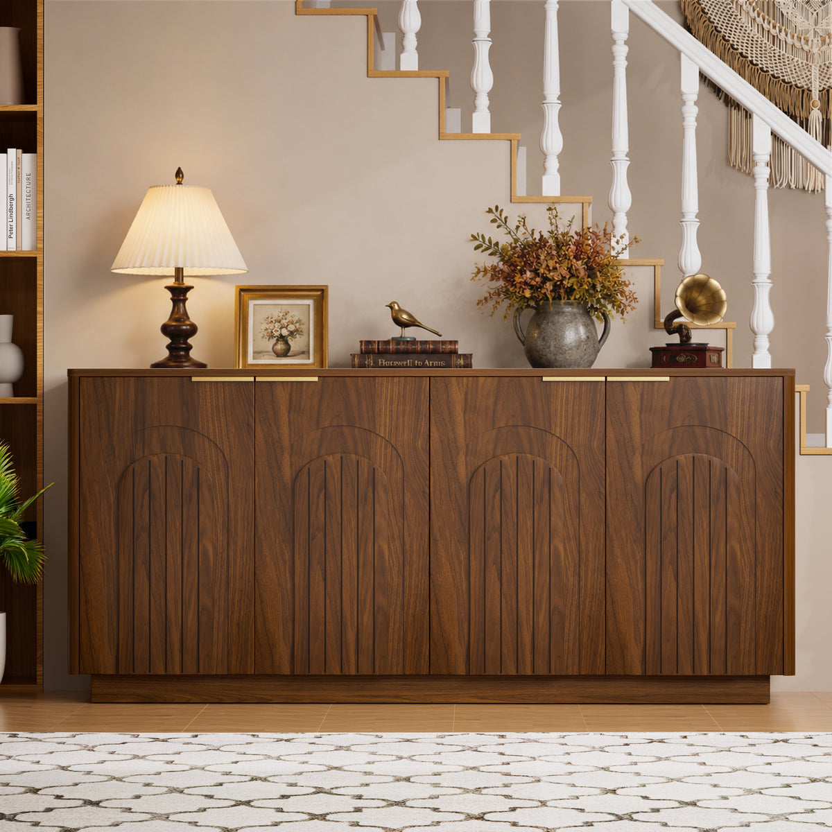 GDFStudio LeBlanc 65.7  Modern Four Door Sideboard Storage Cabinet with Adjustable Shelves, Walnut