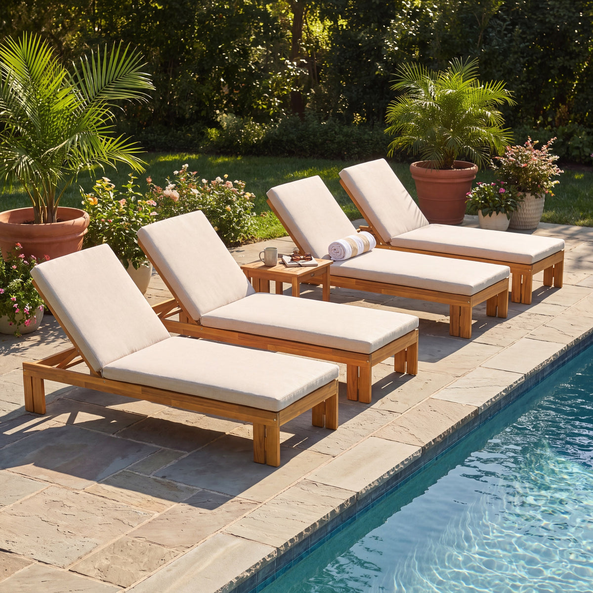 Christopher Knight Home Valeria Modern Acacia Patio Chaise Lounges with Removable Cushion and Adjustable Backrest (Set of 4), Beige