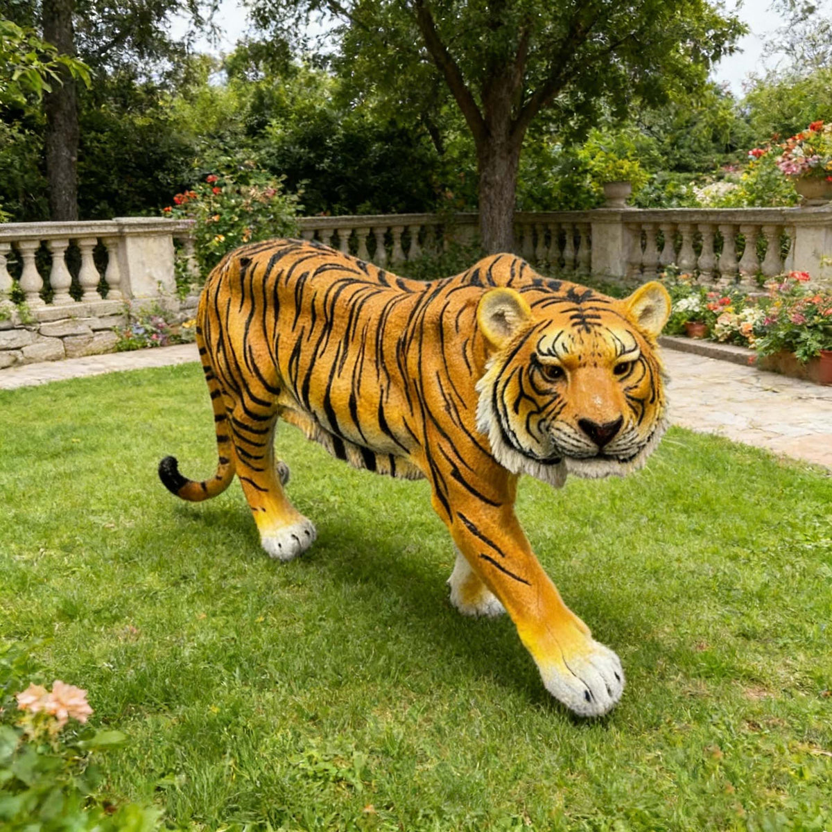 GDFStudio Latona Modern Outdoor Simulated Tiger Resin Garden Statue, Orange